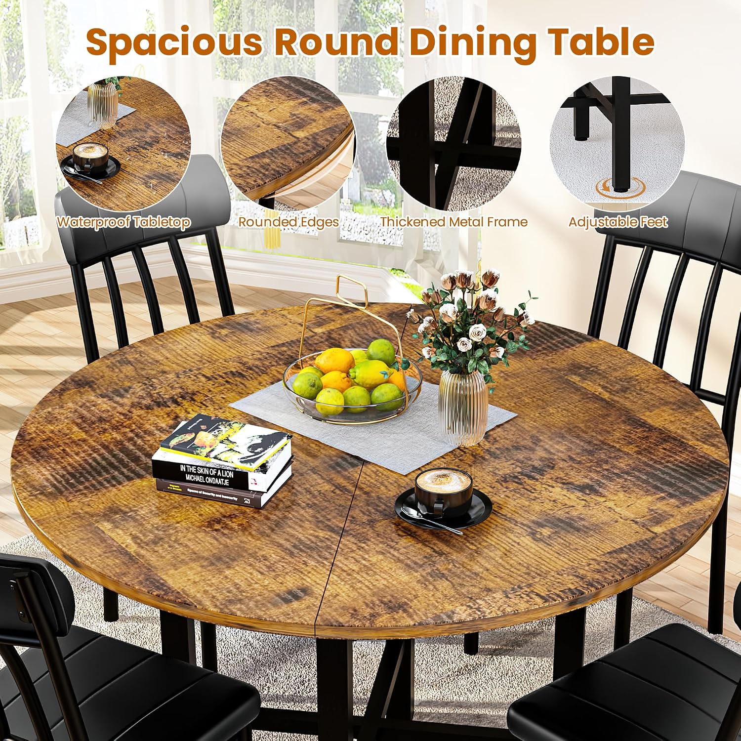 AWQM Round Dining Table Set for 4, Wood Circle Kitchen Table and Chairs Set for 4, Modern Dining Room Sets with 4 Faux Leather Chairs, Round Dinner Table for Small Space, Walnut