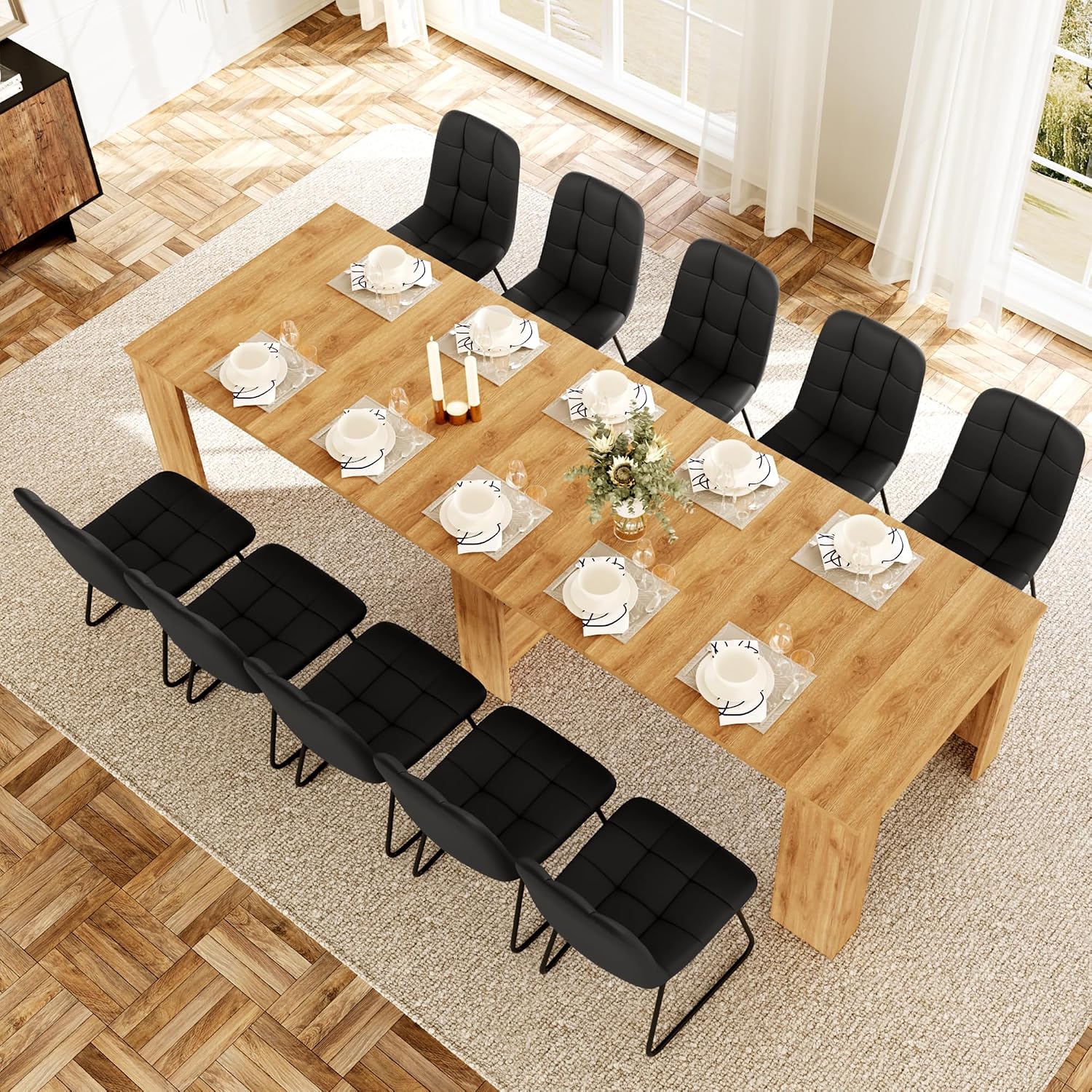 HIPIHOM 17.7'-118' Extendable Dining Table Set for 12, Extension Long Table Set with Extension Leaves Holder, Space-Saving for Meeting, Dining Room(Oak Table+10 U-Shaped Black Chairs)