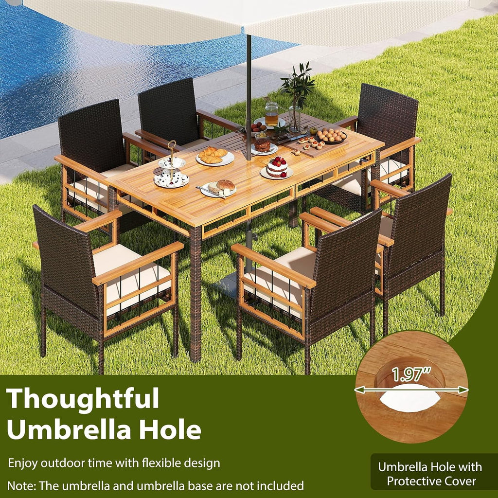 HAPPYGRILL Acacia Wood Outdoor Dining Table 63', 4-6 Person Rectangular Metal Patio Table with Umbrella Hole and Rattan Legs, Slatted Outdoor Furniture for Garden, Poolside, Backyard and Deck