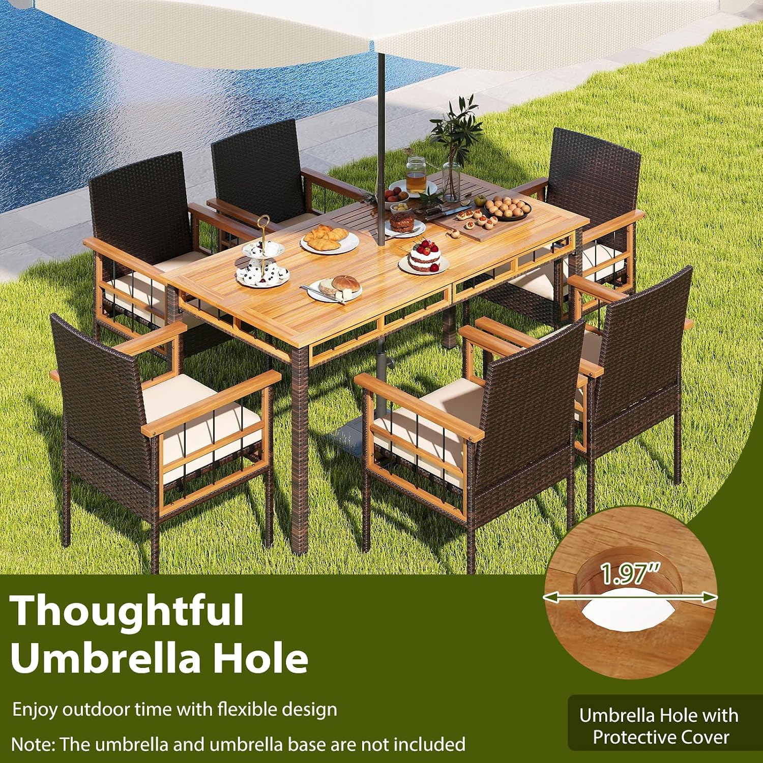 HAPPYGRILL Acacia Wood Outdoor Dining Table 63', 4-6 Person Rectangular Metal Patio Table with Umbrella Hole and Rattan Legs, Slatted Outdoor Furniture for Garden, Poolside, Backyard and Deck