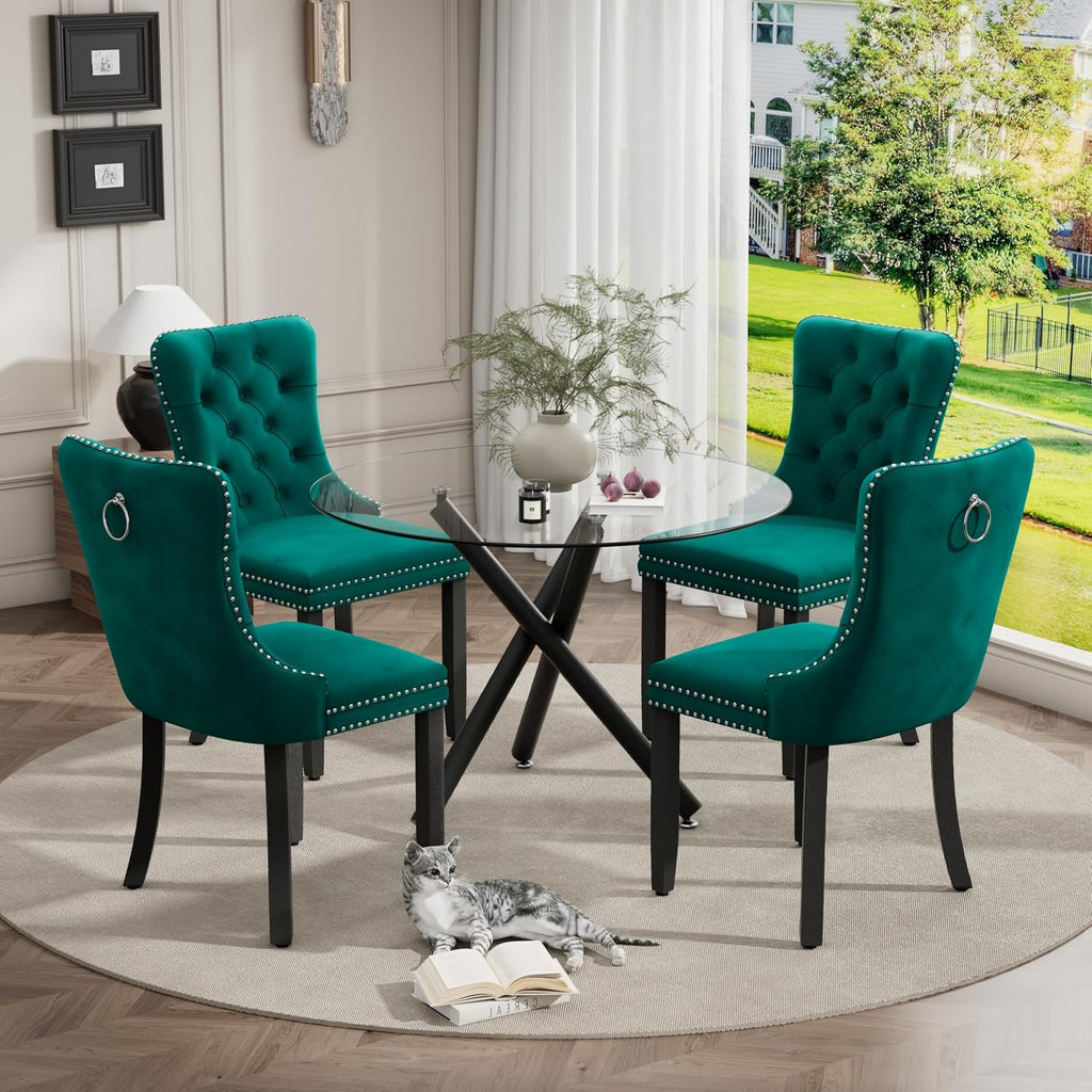 Modern Luxury Round Glass Dining Set for 4, 5 Pcs Small Minimalist Circle Kitchen Table Set, 36'' Clear Circular Glass Top Dinner Room Set, Green High-end Tufted Chairs, for Apartment (Black)
