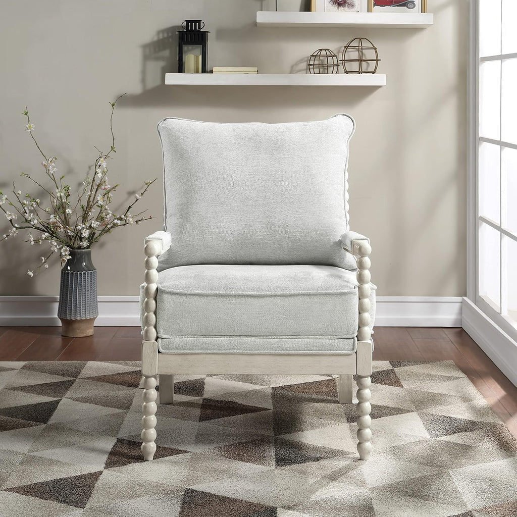 OSP Home Furnishings Kaylee Spindle Accent Chair with Antique White Wood Frame, Smoke Grey Fabric