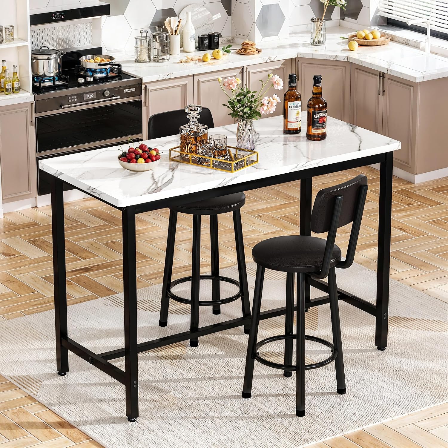 Recaceik 3 Piece Bar Table with Stools Set for 2, Modern Faux Marble High Top Small Dining Table and Chairs, Pub Bistro Set for Dining Room, Kitchen, Breakfast Nook, Small Space, Apartment