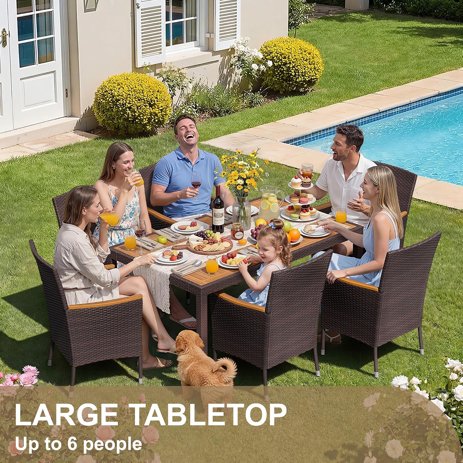 Devoko Dining 7 PCS Furniture, Patio Conversation Set with Acacia Wood Table Top, Outdoor, Beige Cushion and Brown Rattan