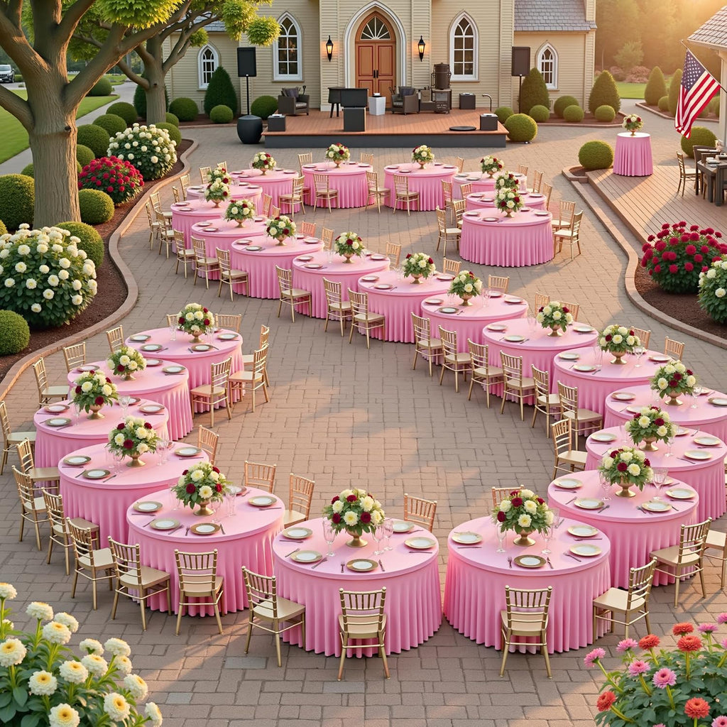 12 Pack Baby Pink Spandex Round Tablecloths for 60 inch Table, Wrinkle Free Stretchy 120inch Fitted 5FT Round Table Cloths Cover with Skirt for Wedding Party Dining Banquet Events