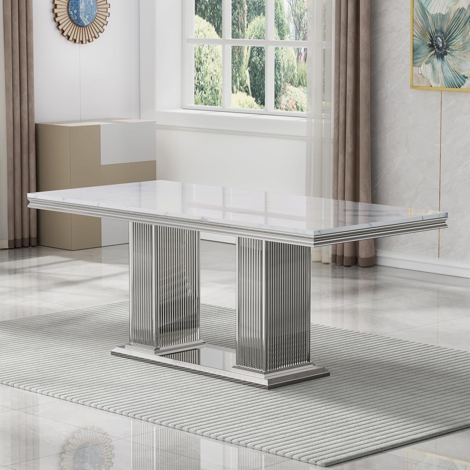 68' White Marble Dining Table for 6 to 8, Luxury Large Rectangular Faux Marble Tabletop & Silver Double Pedestal Base, Mid Century Modern Kitchen Dining Room Table for Dinner Family Gathering