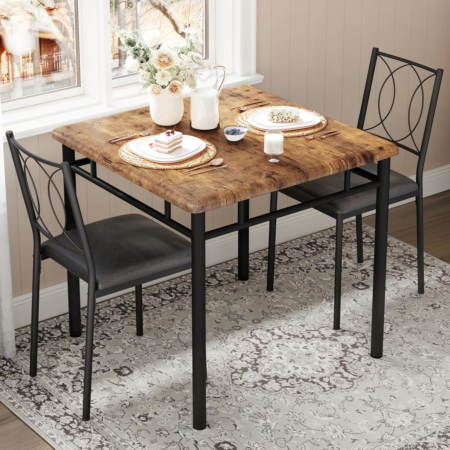 Garvee Dining Table Set for 2, Small Kitchen Table with Upholstered Chairs, Farmhouse Wood Dining Table Chairs for Kitchen Room, Small Spaces, Apartment, Brown