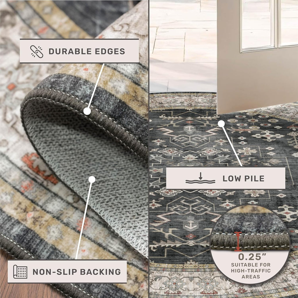 Boho Black Oval Area Rug 6x9 for Living Room, Vintage Washable Large Area Rug for Dining Room, Low Pile Non-Slip Rugs for Bedroom, Office - Charming Farmhouse Decor & Stain Resistant (6x9 Black/Multi)