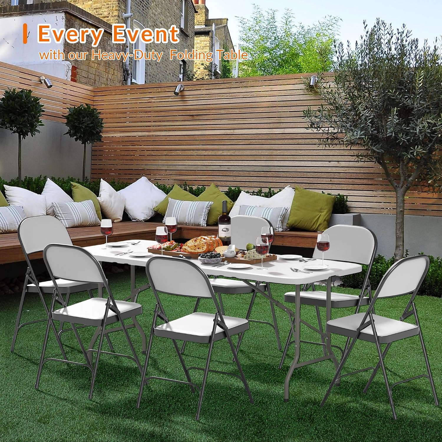 Elevon Folding Table Set with 6 White Folding Chairs,6 Feet Heavy Duty Fold-in-Half Utility Table Sets for Picnic, Event, Training, Outdoor Activities, at Home and Commercial Use