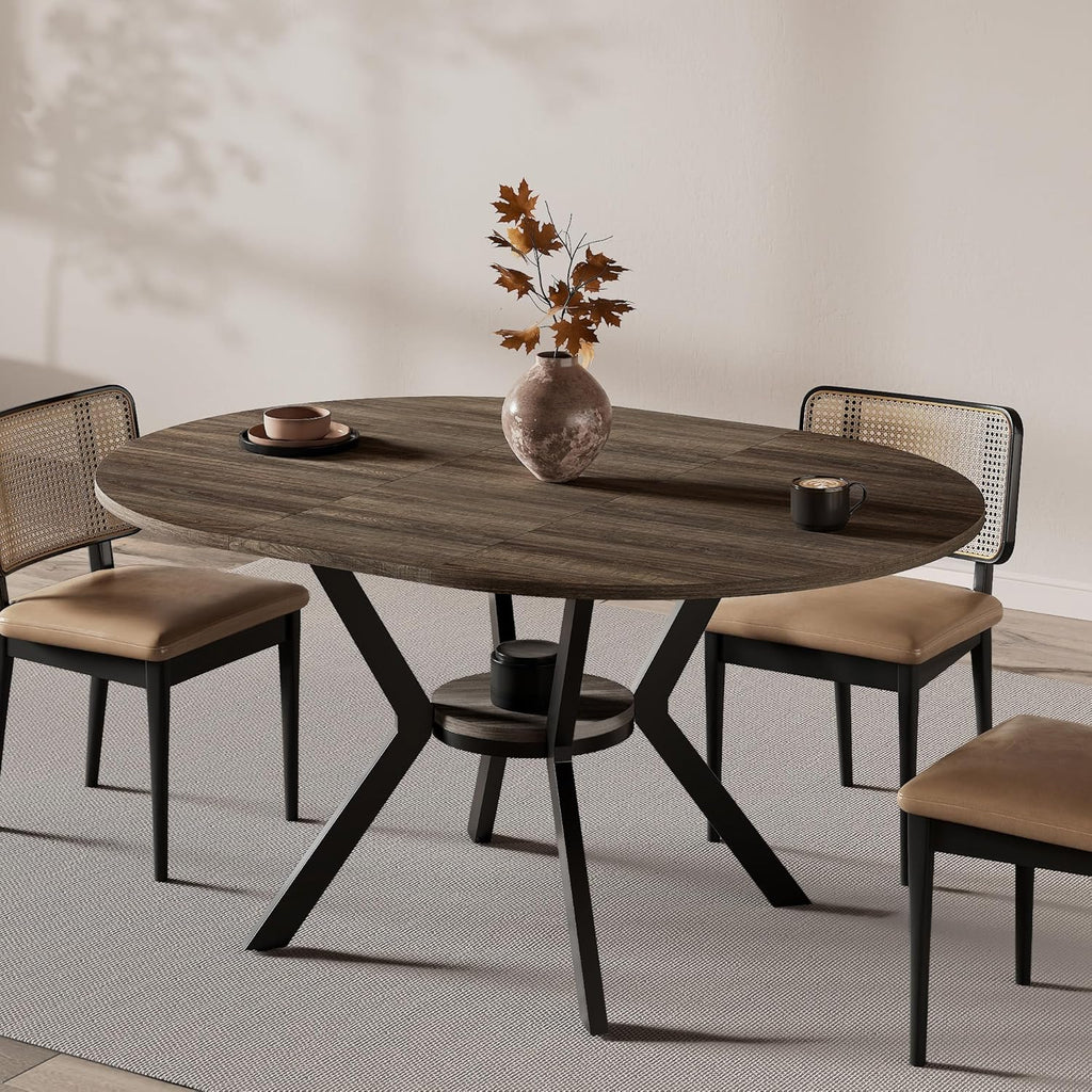 42'-58' Extendable Round Dining Table for 4-6, Kitchen Oval Table with Hidden Leaves & Storage Shelf, Space Saving Modern Design with Sturdy Metal Legs for Kitchen, Dining Room & Small Apartments
