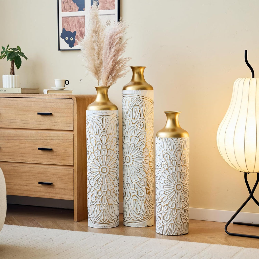Modern White Metal Floor Vases Set of 3 – Tall Droplet-Shaped Decorative Vases for Home, Large Glazed Metal Vases for Living Room, Entryway, Wedding, Event or Floral Arrangement Décor