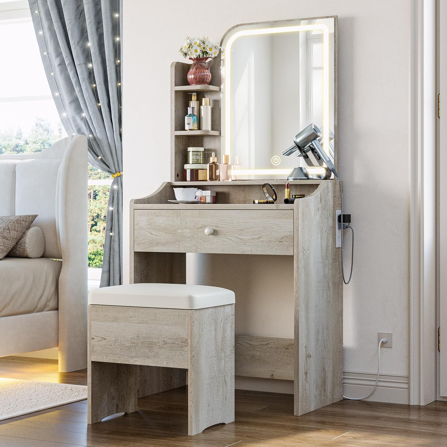 LIKIMIO Small Makeup Vanity Desk with Mirror and Lights, Vanity Table Set with Storage Drawer, Chair and Three Shelves, Bedroom, White Walnuts
