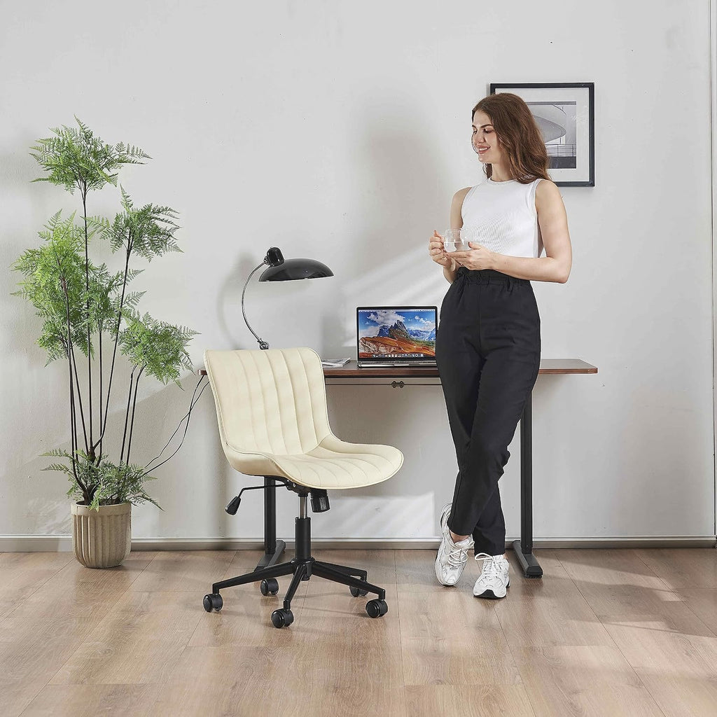 YOUNIKE Ergonomic Home Office Desk Chair with Wheels Comfy Armless Criss Cross Chair with Adjustable Back Modern Leather Upholstered Swivel Vanity Chair Small Cute Rolling Task Chair for Women Beige