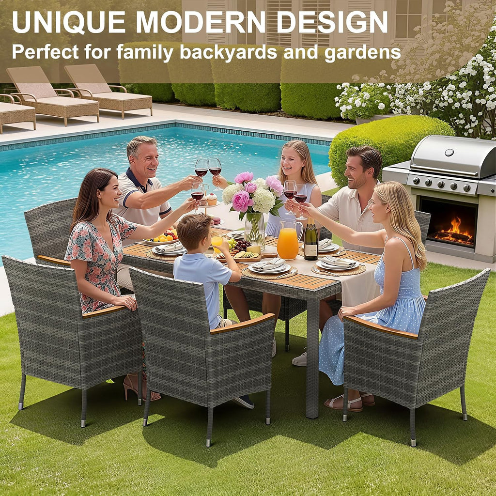 Devoko Dining 7 PCS Furniture, Patio Conversation Set with Acacia Wood Table Top, Outdoor, Beige Cushion and Grey Rattan
