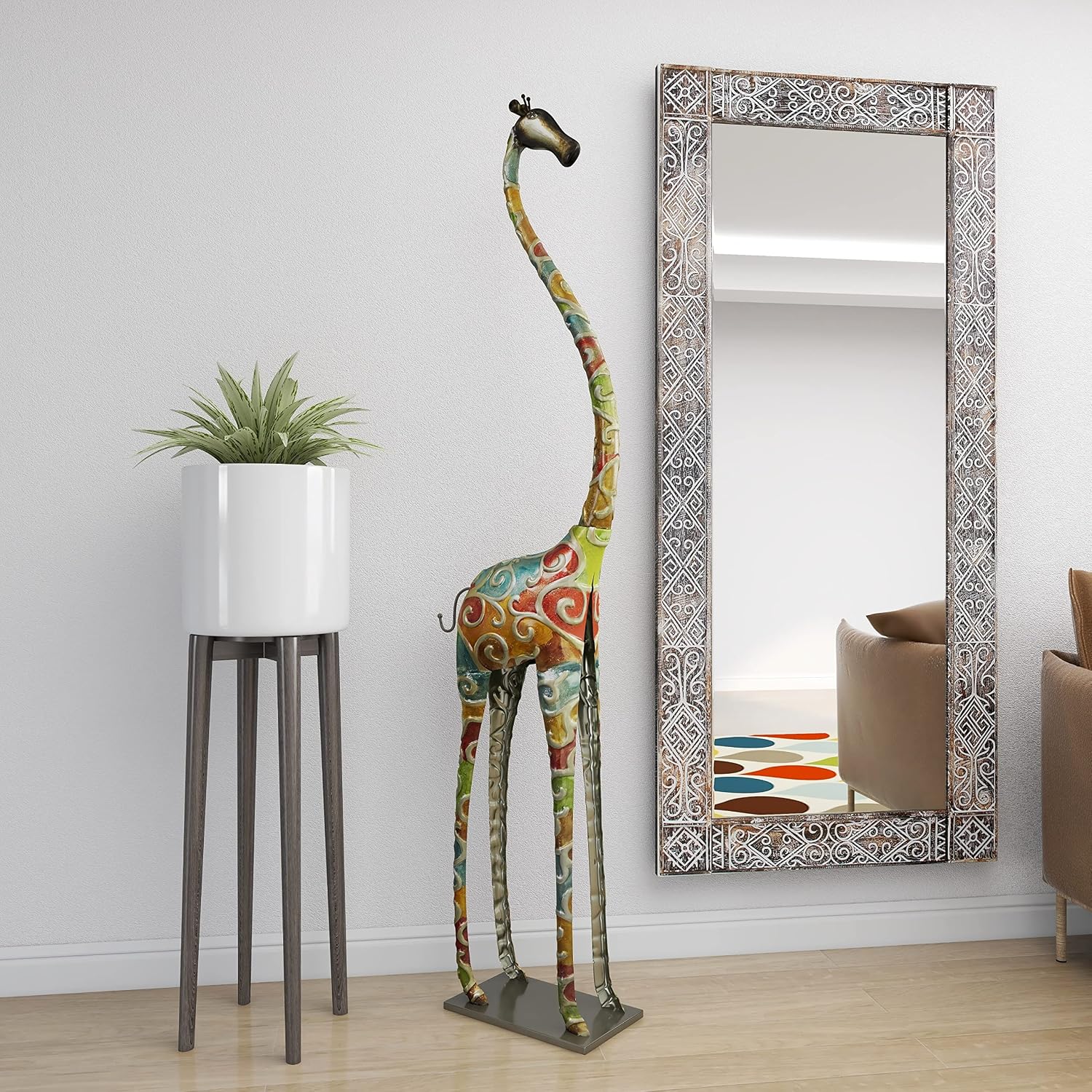 Deco 79 Metal Giraffe Decorative Sculpture Indoor Outdoor Tall Home Decor Statue with Detailed Embossed Scrollwork, Accent Figurine 17' x 7' x 73', Multi Colored