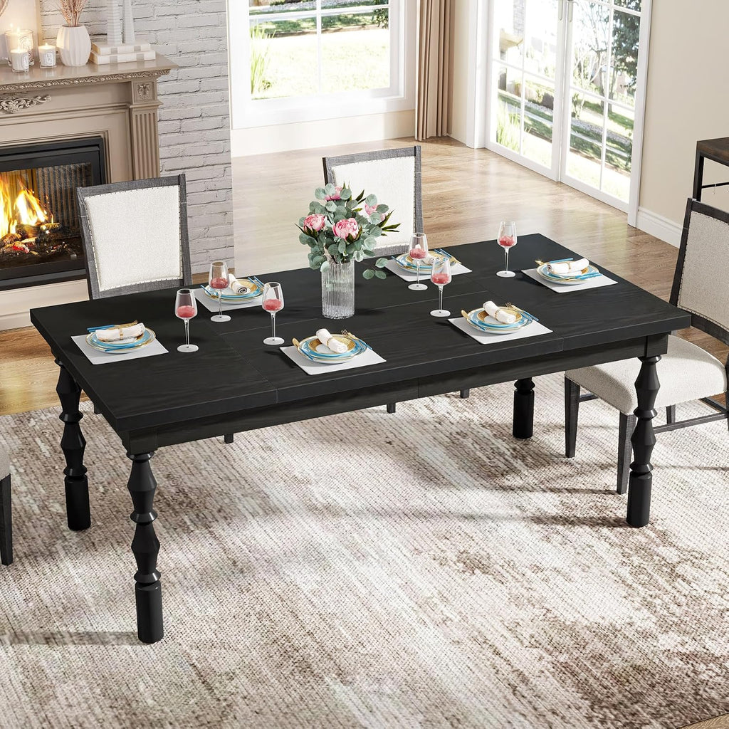 Tribesigns Wood Black Dining Table for 4-6 People, 62' Farmhouse Large Rectangle Kitchen Table, Modern Dinner Table Kitchen & Dining Room Furniture with Carved Turned Legs