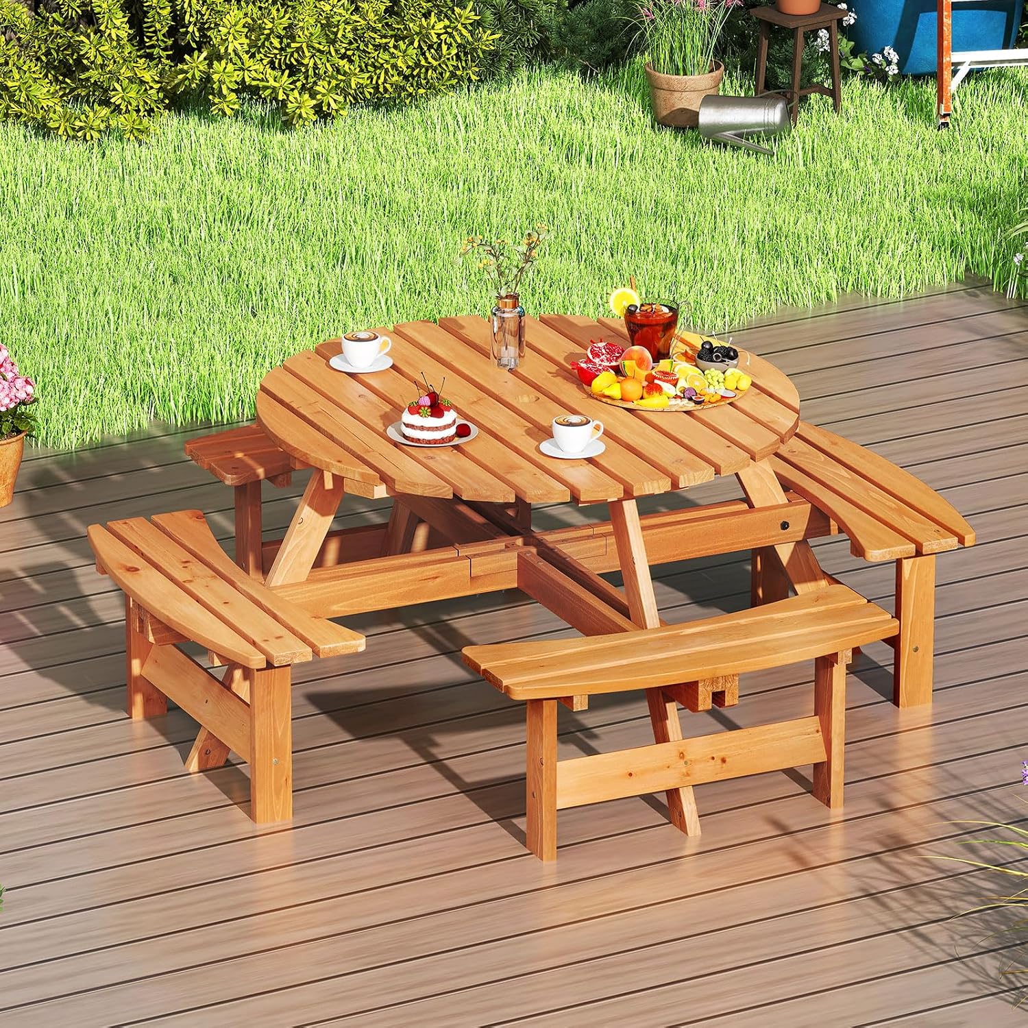 Giantex 8-Person Round Picnic Table Set with 4 Benches, 550 LBS Bench Capacity, 2' Umbrella Hole, Circular Outdoor Wood Dining Table & Chairs for Patio Yard Garden Porch Deck (71'x71'x28',Yellow)