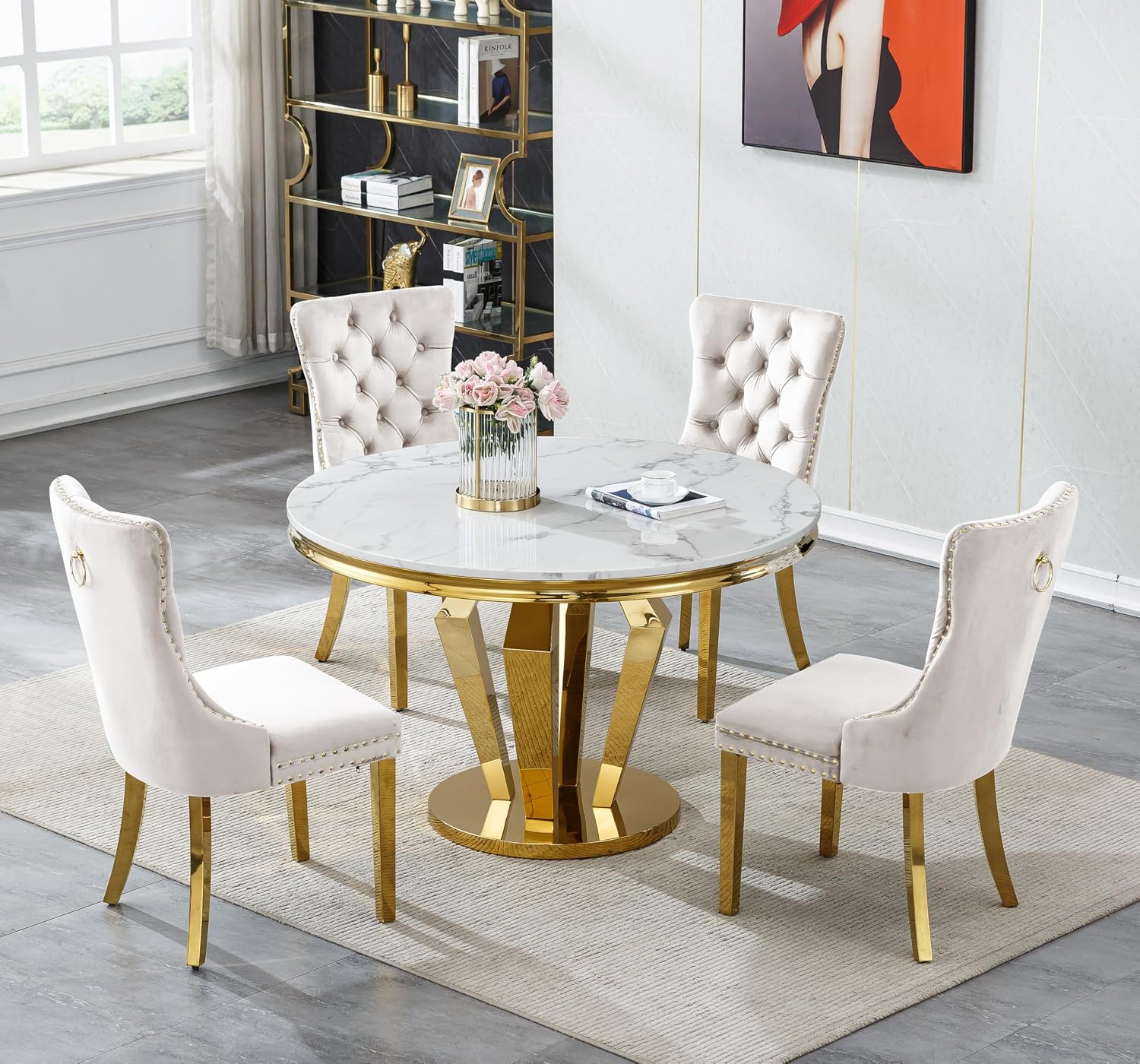 45 in Round Marble Dining Table for 4 to 6, Modern Circular White Faux Marble Kitchen Table with Gold Diamond Stainless Steel Base, Round Kitchen Dining Room Table for Breakfast Dinette Dinner Party