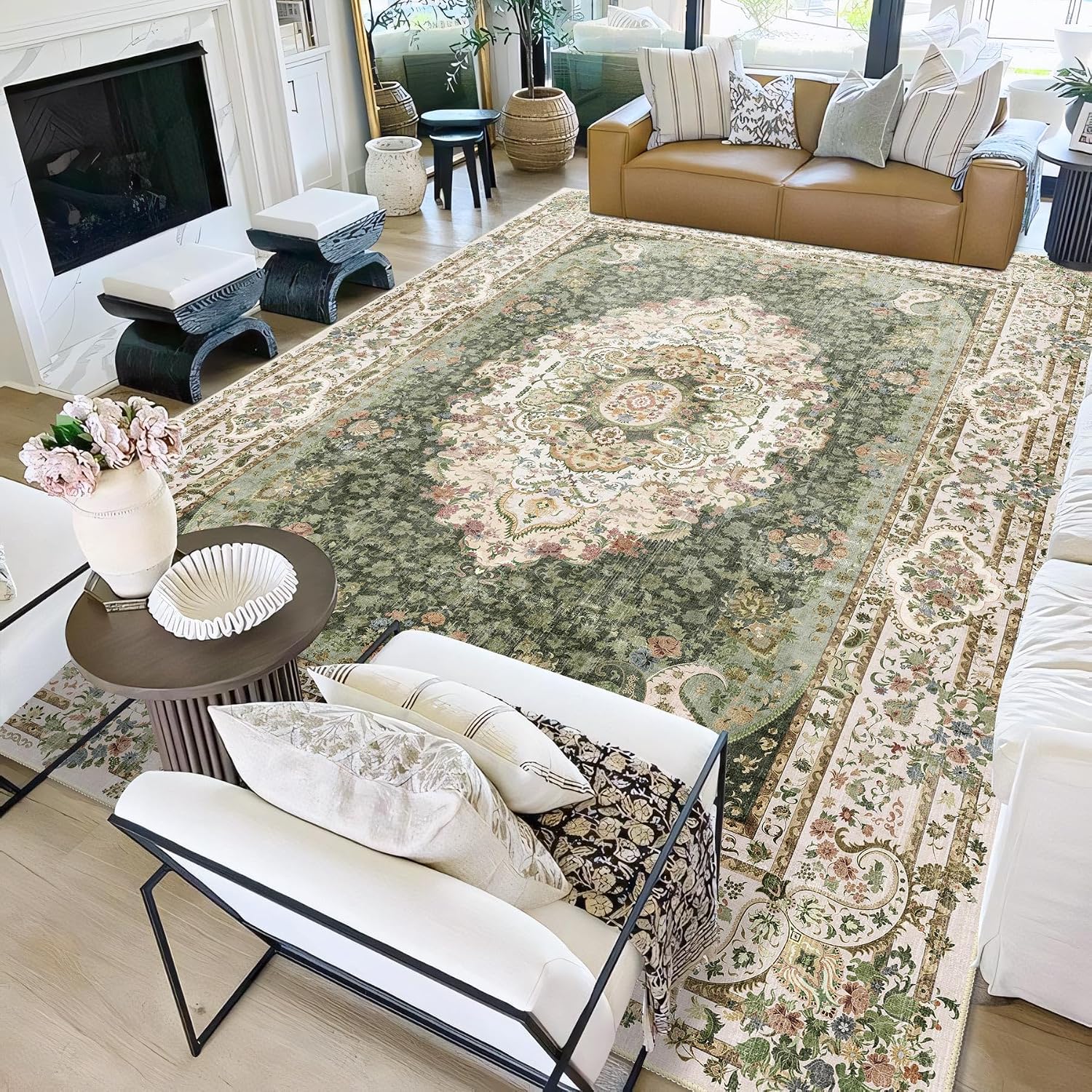 9x12 Area Rugs Washable,Green Rug for Living Room Bedroom Dining Room,Large Boho Vintage Bohemian Distressed Carpet Non Slip,Floral