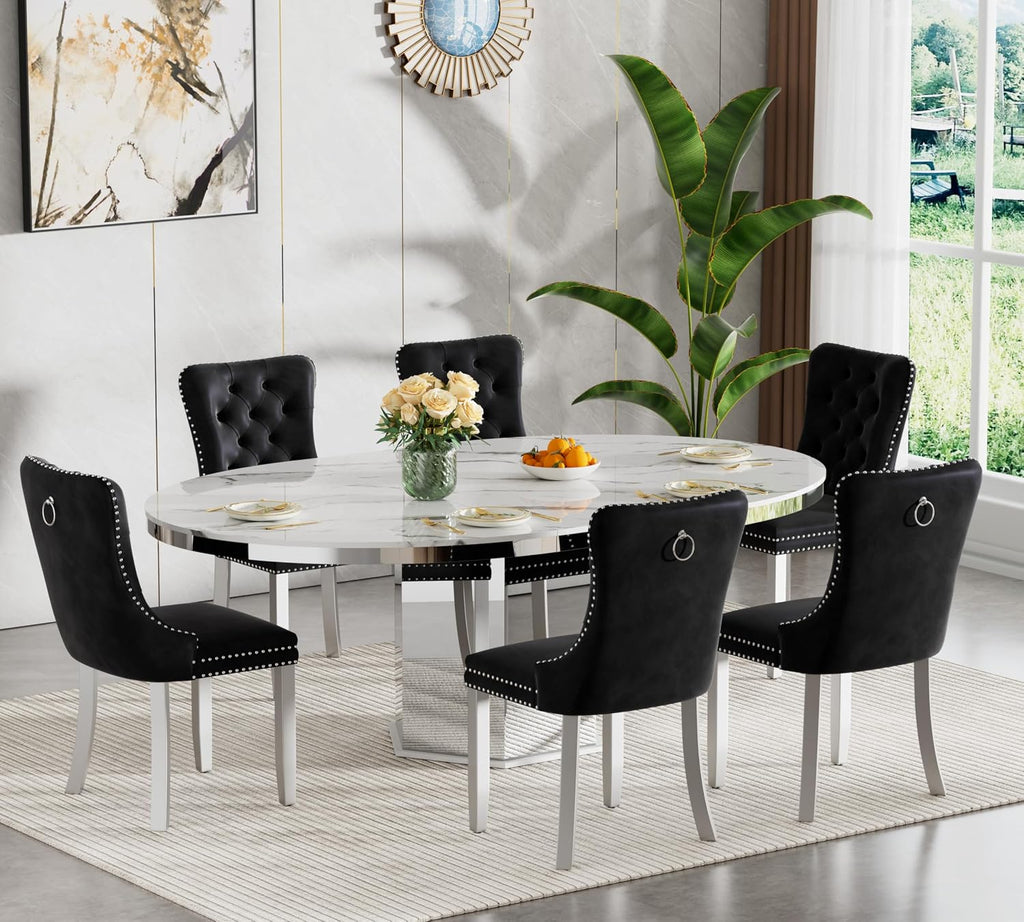 47'-63' Round White Faux Marble Extendable Dining Table for 4-6, Modern Luxury Round Dining Room Table, Kitchen Dinner Tables with Marble Veining Tabletop and Mirror Acrylic Base for Kitchen