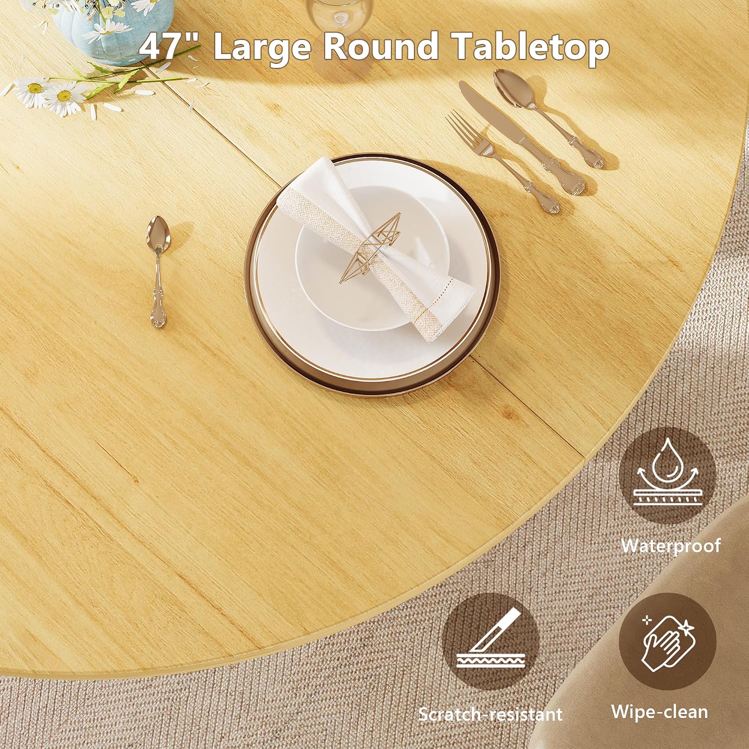 Einhomn Round Dining Table for 4-6, Kitchen Table with Sturdy Double Arc & Rounded Base & Backboard Clasp Desktop, Mid-Century Modern Circle Dinner Table for Dining Living Room, Space Saving, Natrual
