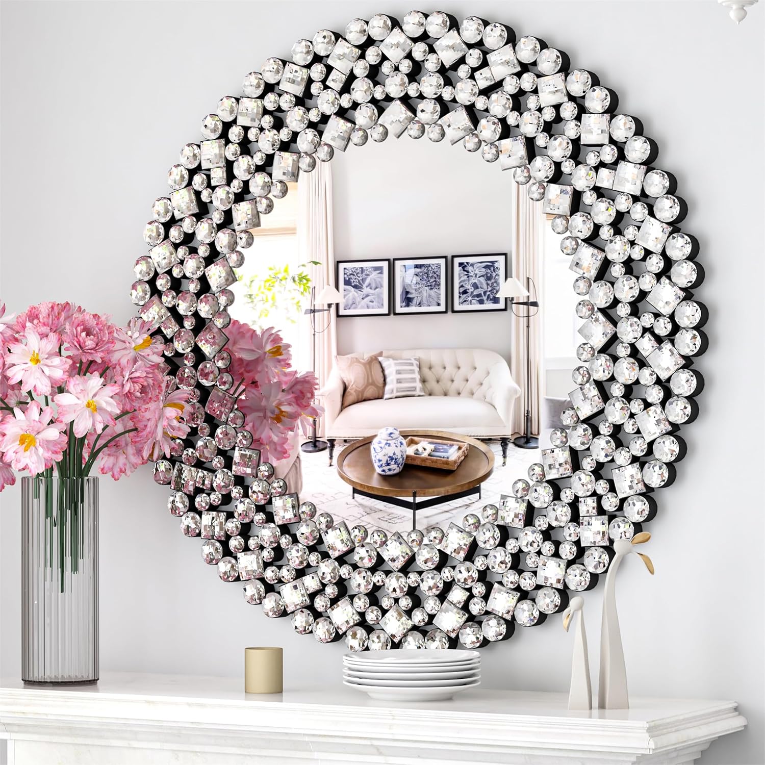 SHYFOY 34' Round Mirrors for Wall Decor,Oversize Jeweled Ornate Wall Mirror Decorative Accent Mirror Chic and Sparkly for Living Room Bathroom Bedroom Fireplace Home Decor
