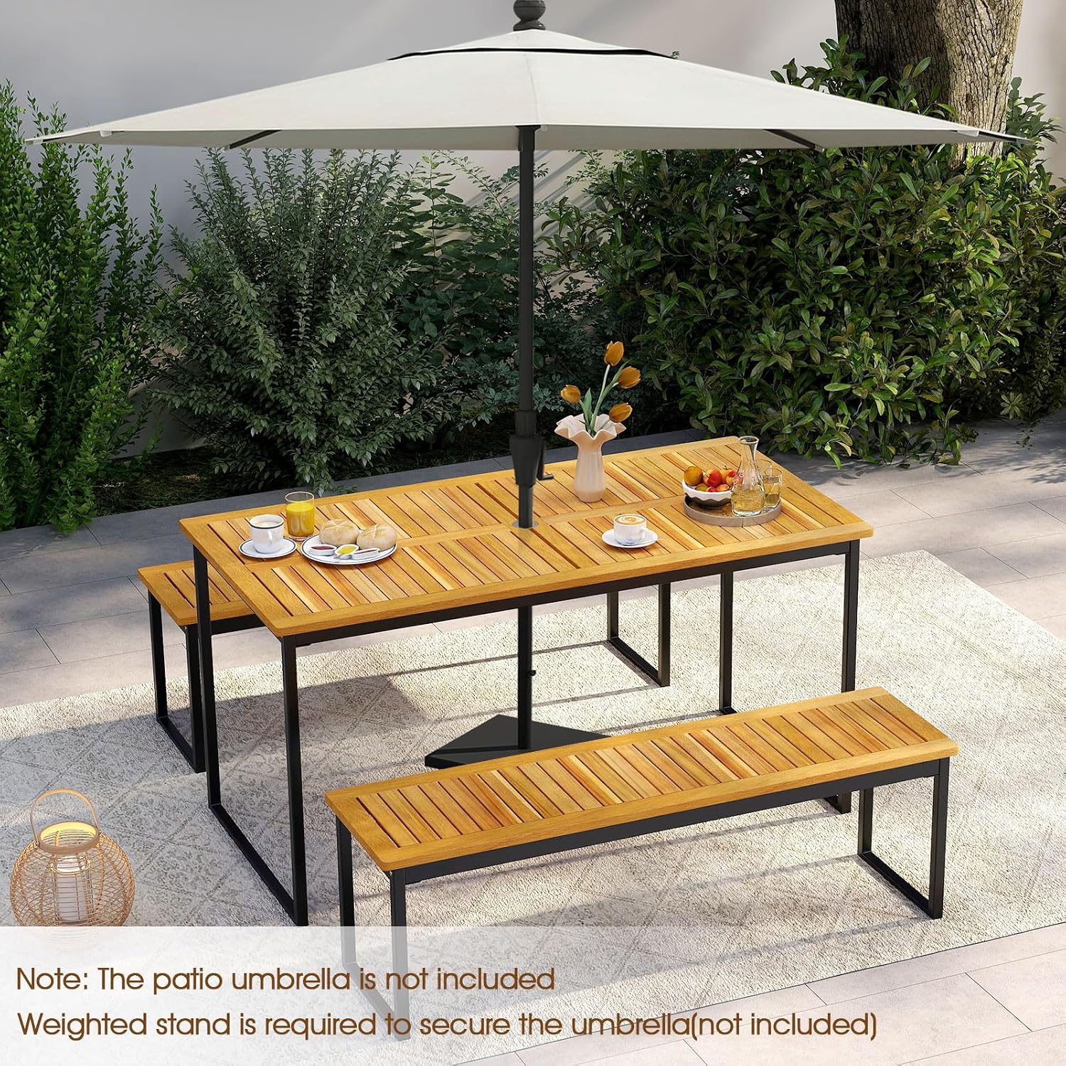 HAPPYGRILL Acacia Wood Patio Dining Table for 6 People, 55 inch Rectangle Patio Table with Slatted Tabletop, Metal Frame & Umbrella Hole, Outdoor Dining Furniture for Yard, Garden, Poolside