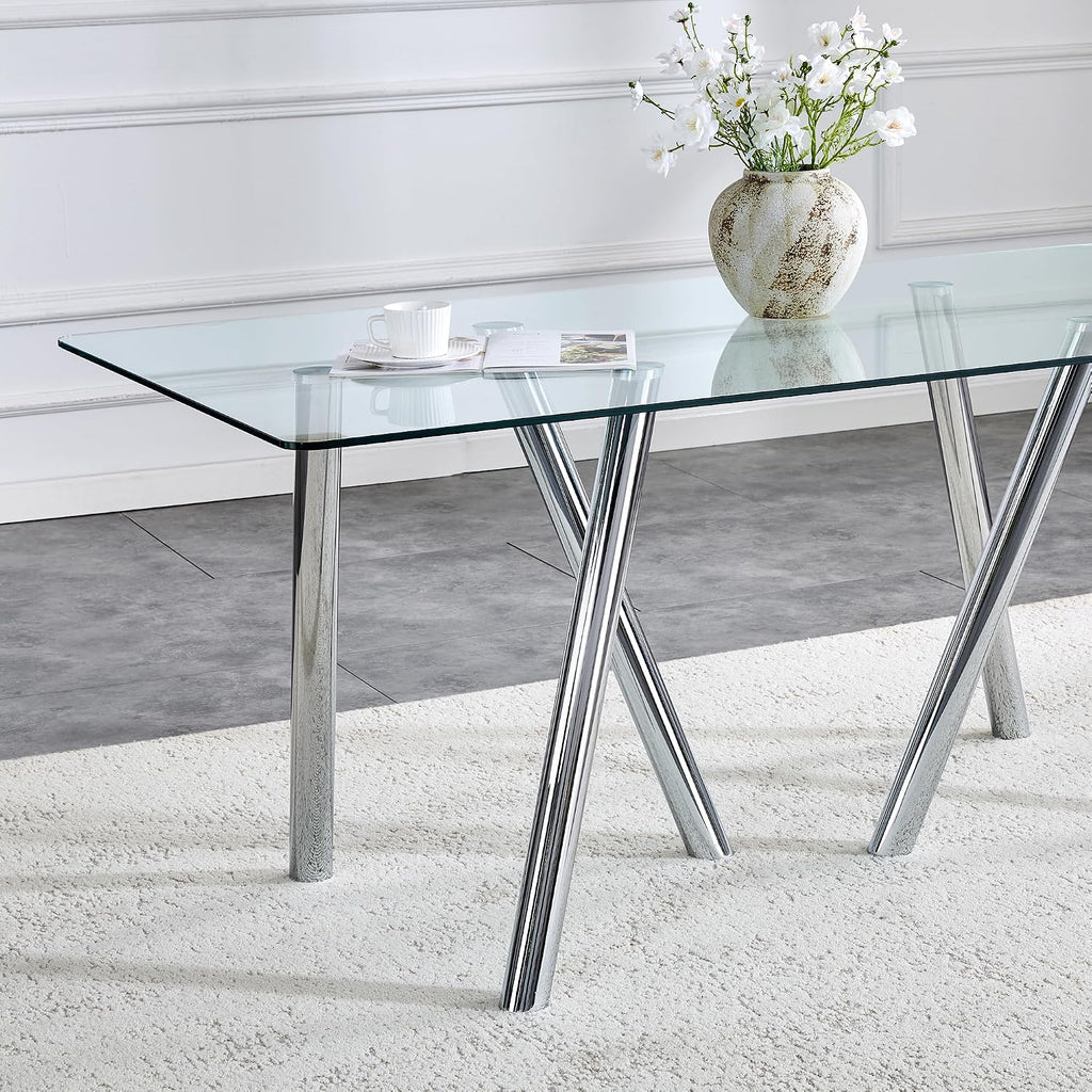 71' Glass Silver Dining Table for 4 6, Modern Kitchen Dining Room Table with 0.39' Thick Tempered Glass Tabletop and Metal Legs, Large Rectangle Dinner Tables for Home Kitchen Living Room