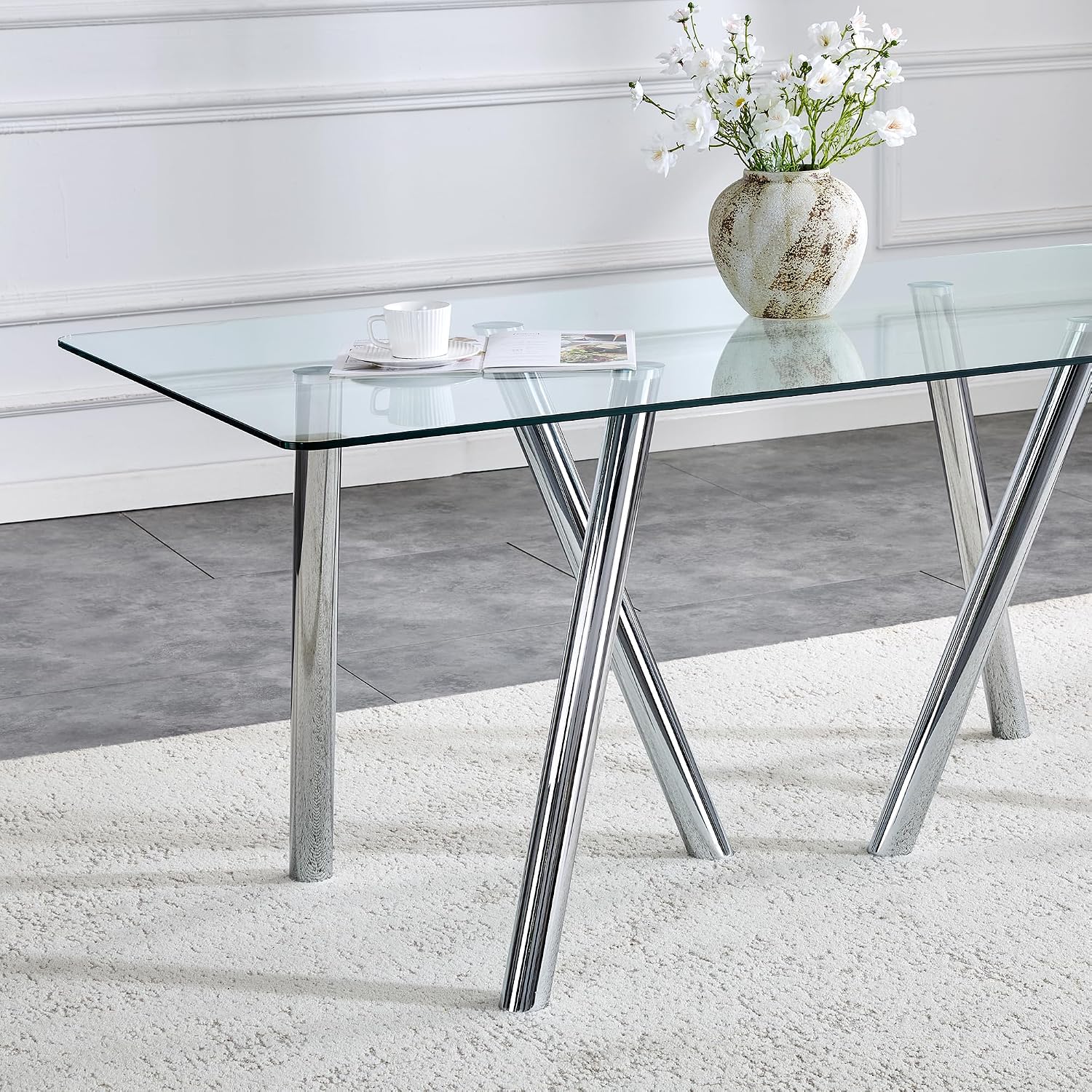 71' Glass Silver Dining Table for 4 6, Modern Kitchen Dining Room Table with 0.39' Thick Tempered Glass Tabletop and Metal Legs, Large Rectangle Dinner Tables for Home Kitchen Living Room