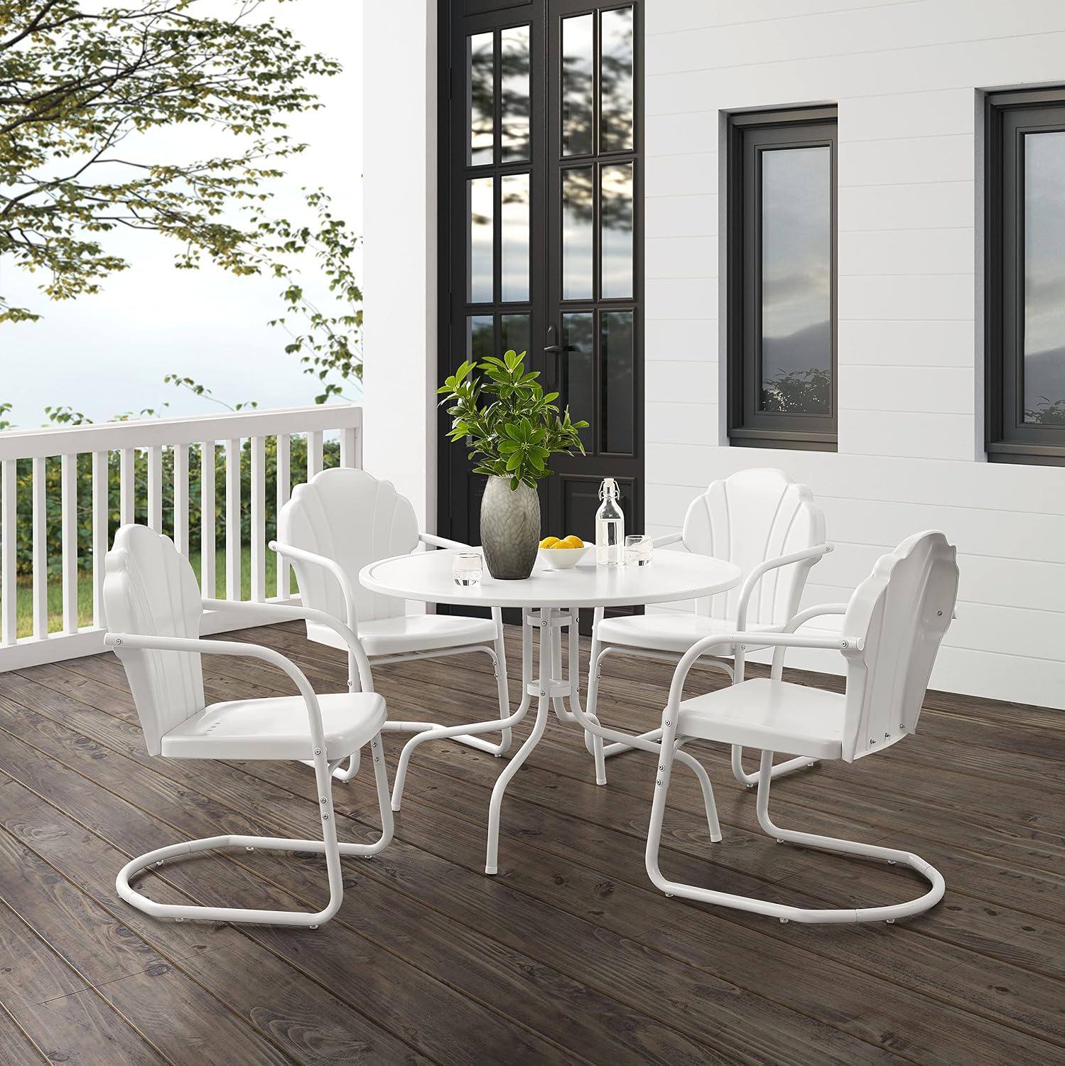 Crosley Furniture Tulip 5-Piece Outdoor Dining Set for 4, Retro Metal Round Patio Table and Chairs for Deck, White Satin