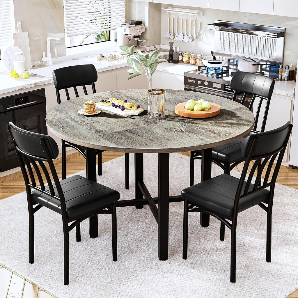 AWQM Round Dining Table Set for 4, Wood Circle Kitchen Table and Chairs Set for 4, Modern Dining Room Sets with 4 Faux Leather Chairs, Round Dinner Table for Small Space, Grey