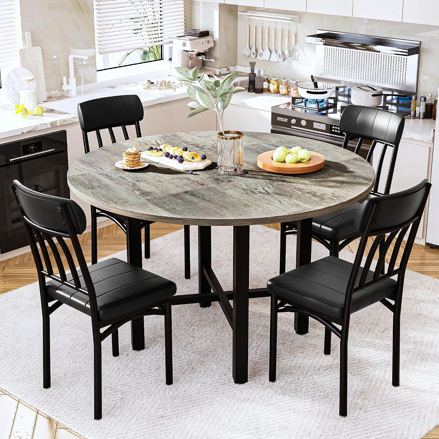 AWQM Round Dining Table Set for 4, Wood Circle Kitchen Table and Chairs Set for 4, Modern Dining Room Sets with 4 Faux Leather Chairs, Round Dinner Table for Small Space, Grey