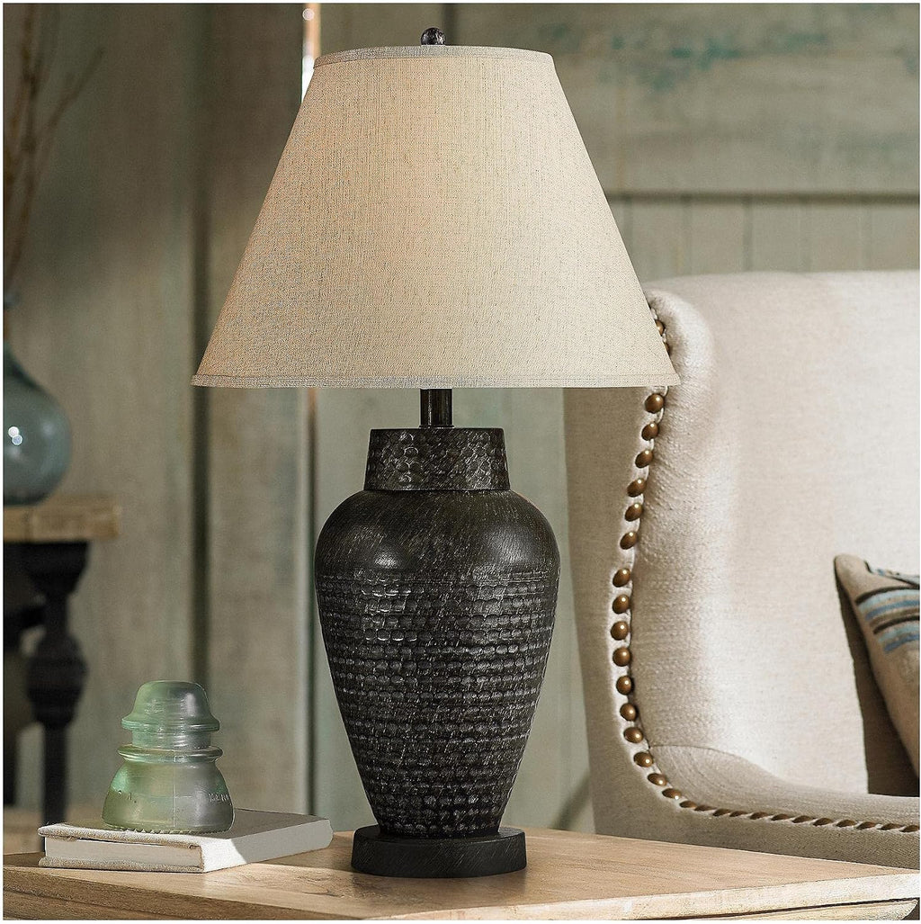 Regency Hill Auburn Rustic Farmhouse Vase-Shaped Table Lamps 25' High Set of 2 Hammered Bronze Metal Natural Linen Drum Shade for Living Room Bedroom House Bedside Nightstand Home Office