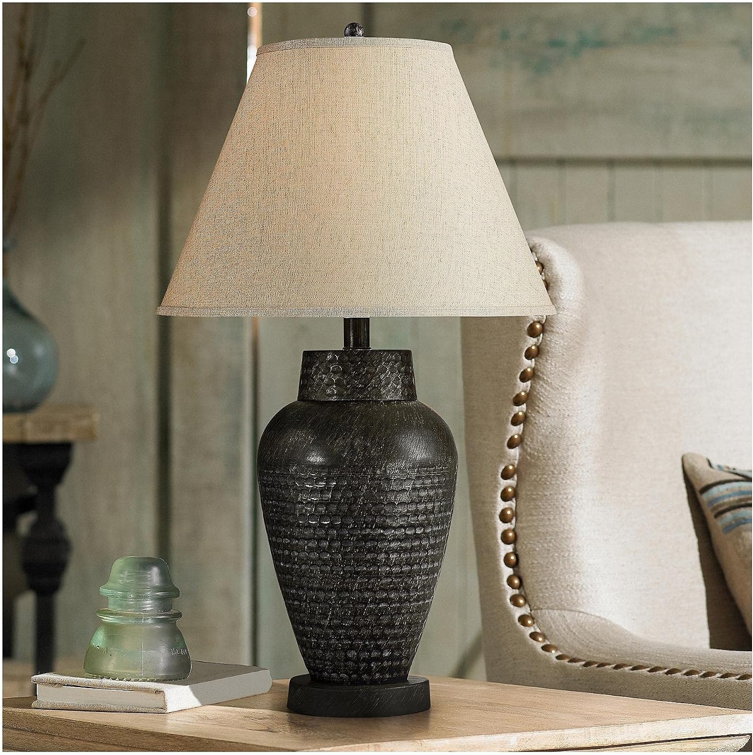 Regency Hill Auburn Rustic Farmhouse Vase-Shaped Table Lamps 25' High Set of 2 Hammered Bronze Metal Natural Linen Drum Shade for Living Room Bedroom House Bedside Nightstand Home Office