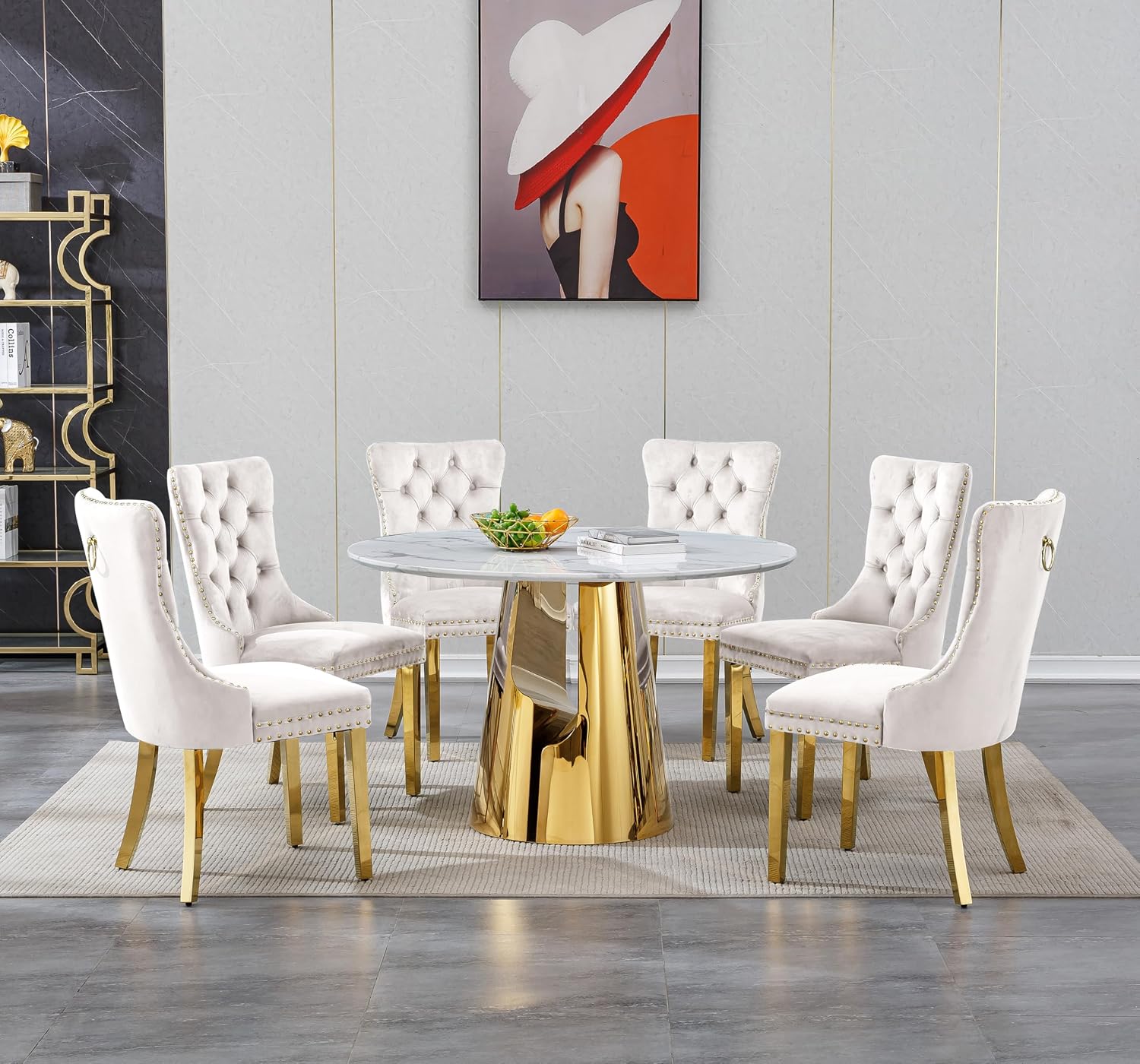 45 inch Round Dining Table for 4 to 6, Modern Circle Dining Table with White Faux Marble Tabletop & Golden Cylindrical Base, Small Kitchen Dining Room Table for Breakfast Dinette Dinner Dinning Room