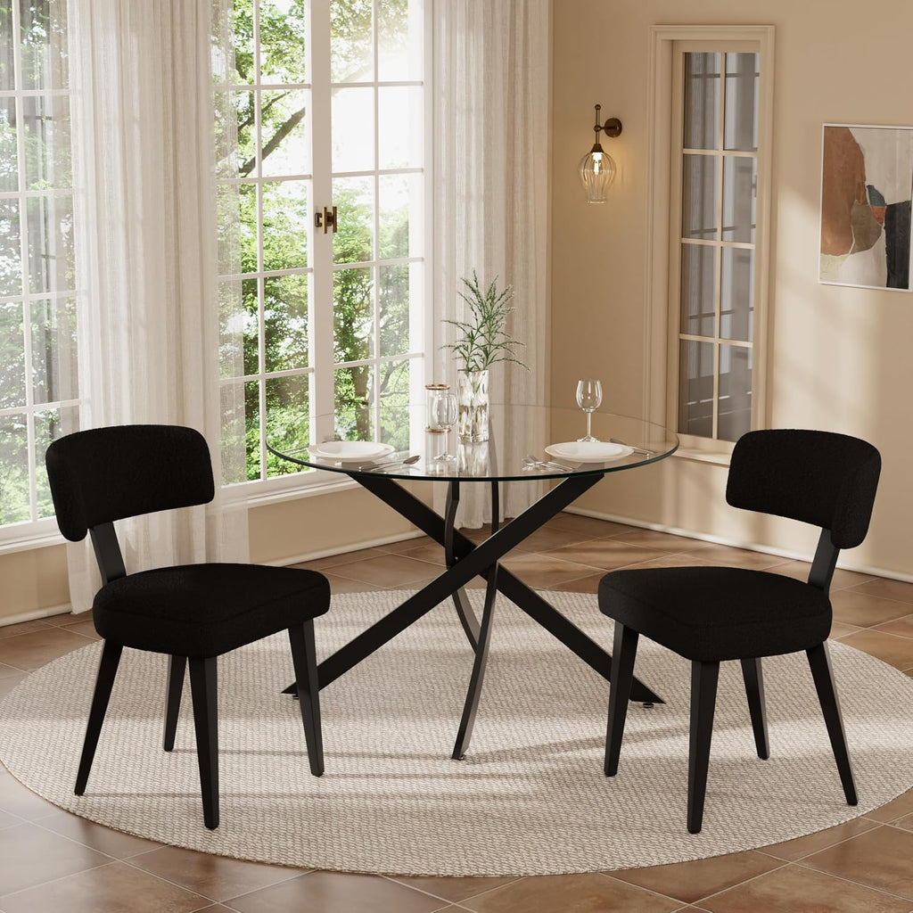 Small Dining Table Set for 2, 36' Round Kitchen Table with 2 Teddy Boucle Dining Chairs, Tempered Glass Top with Metal Legs(All Black)
