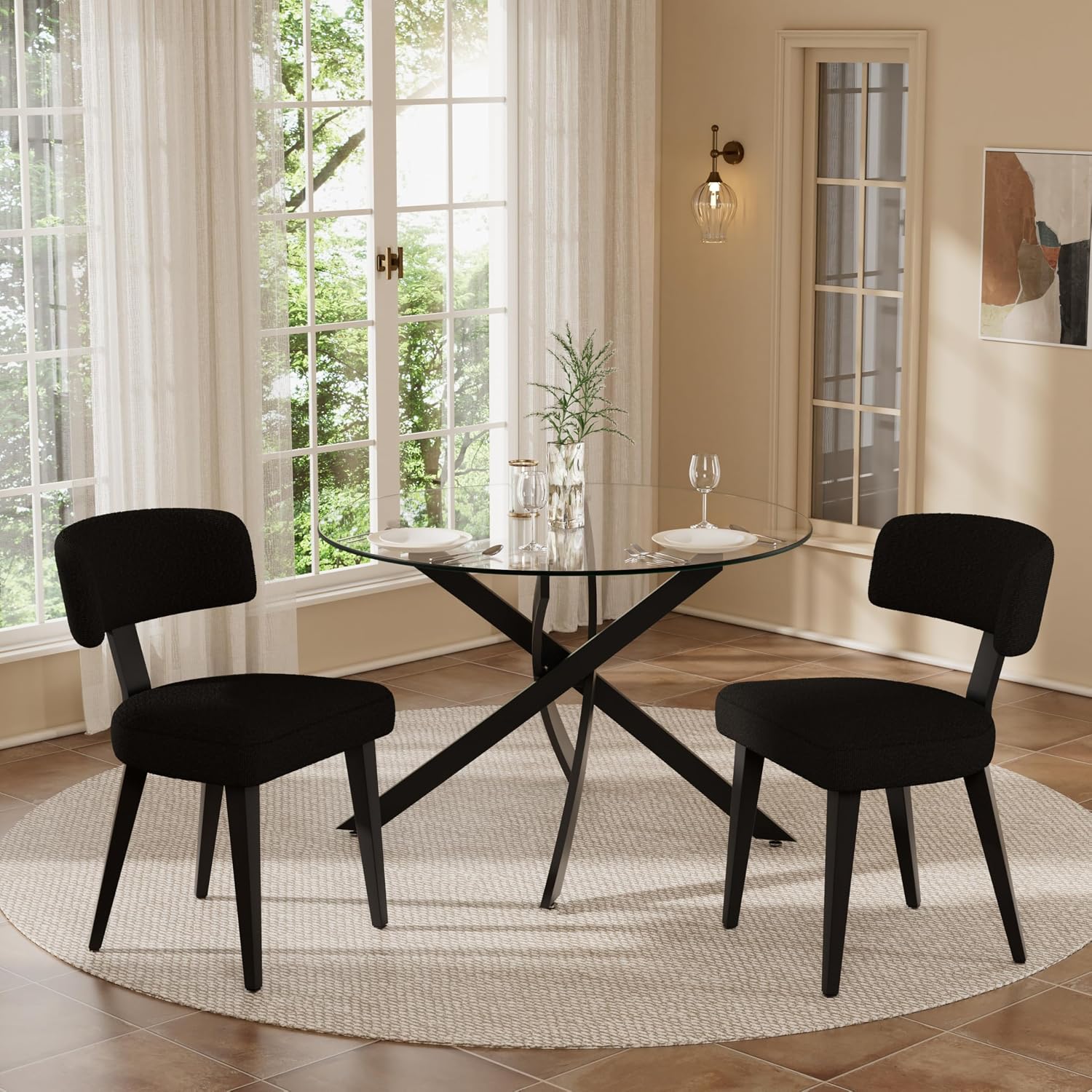 Small Dining Table Set for 2, 36' Round Kitchen Table with 2 Teddy Boucle Dining Chairs, Tempered Glass Top with Metal Legs(All Black)