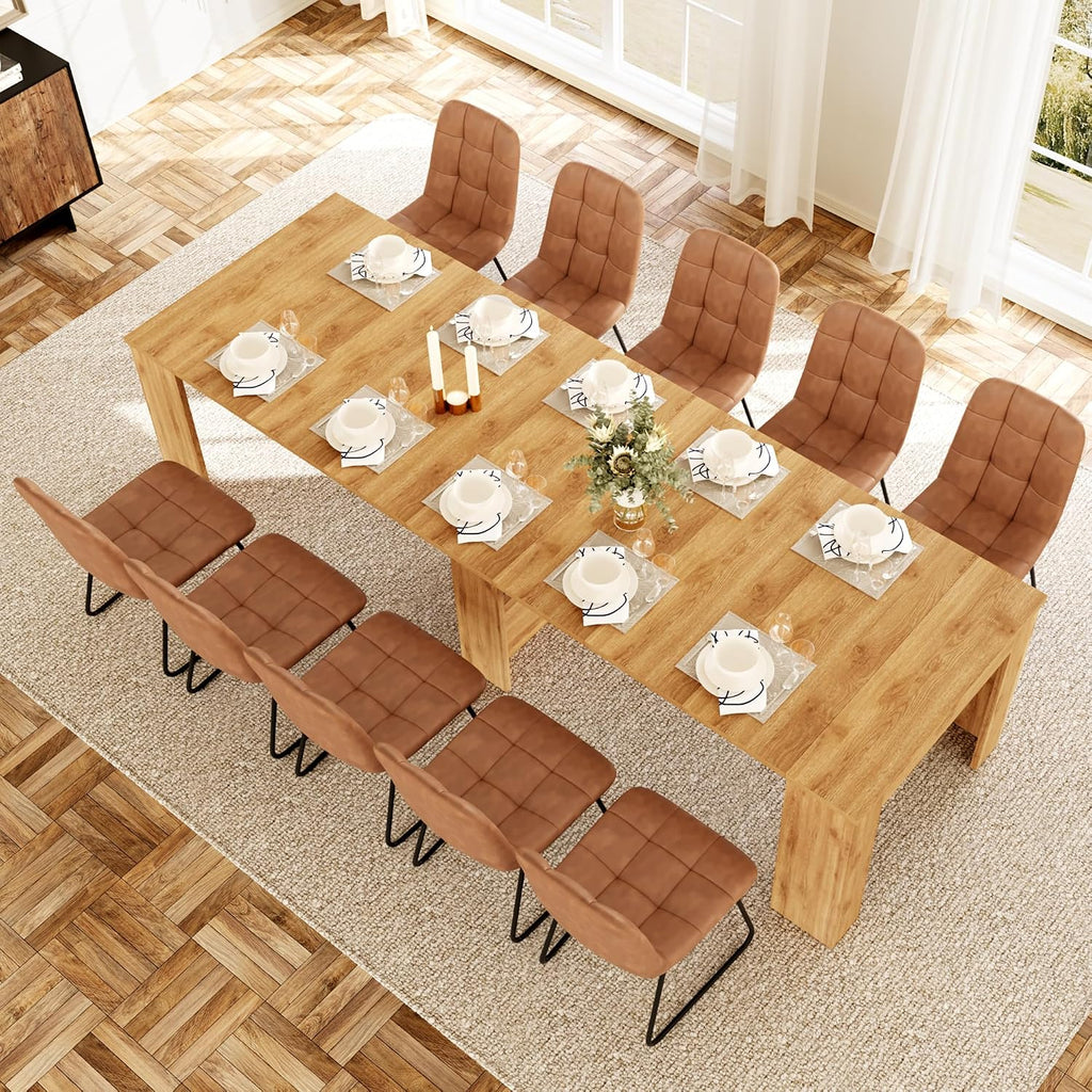 HIPIHOM 17.7'-118' Extendable Dining Table Set for 12, Extension Long Table Set with Extension Leaves Holder, Space-Saving for Meeting, Dining Room(Oak Table+10 U-Shaped Brown Chairs)