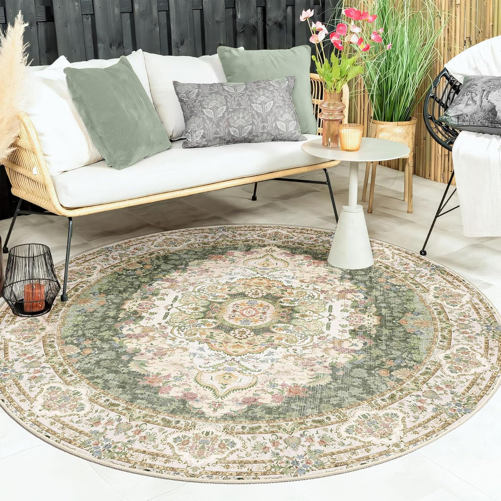 Green Round Rug 6ft,Large Circle Area Rugs for Bedroom Living Room Dining Room,Washable Boho Vintage Bohemian Distressed Oriental Carpet Non Slip,Sage Floral
