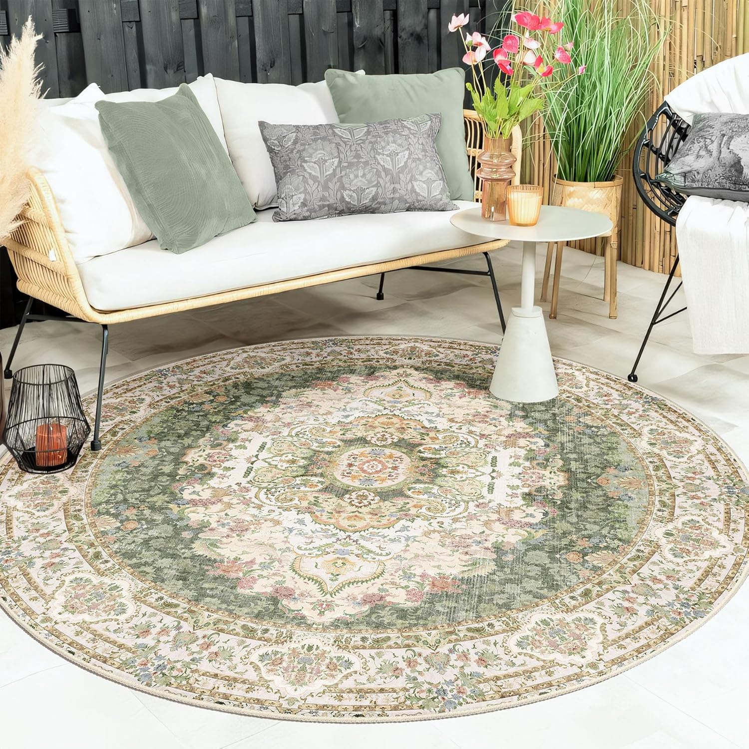 Green Round Rug 6ft,Large Circle Area Rugs for Bedroom Living Room Dining Room,Washable Boho Vintage Bohemian Distressed Oriental Carpet Non Slip,Sage Floral
