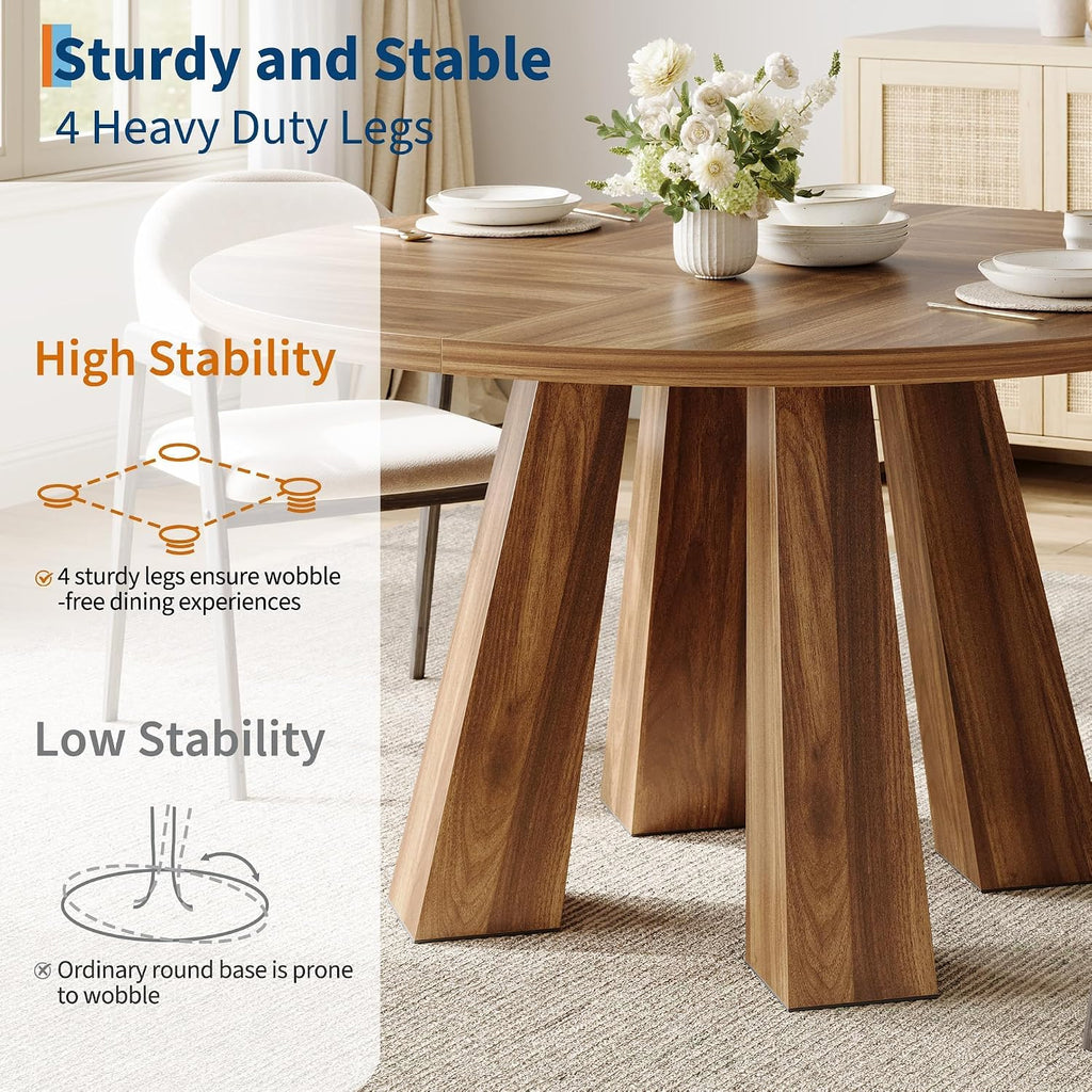 IDEALHOUSE 47' Round Dining Table for 4-6, Wood Kitchen Table with Sturdy Base, Farmhouse Circle Dinner Table for Dining Room, Living Room, 4 Strong Legs, Walnut