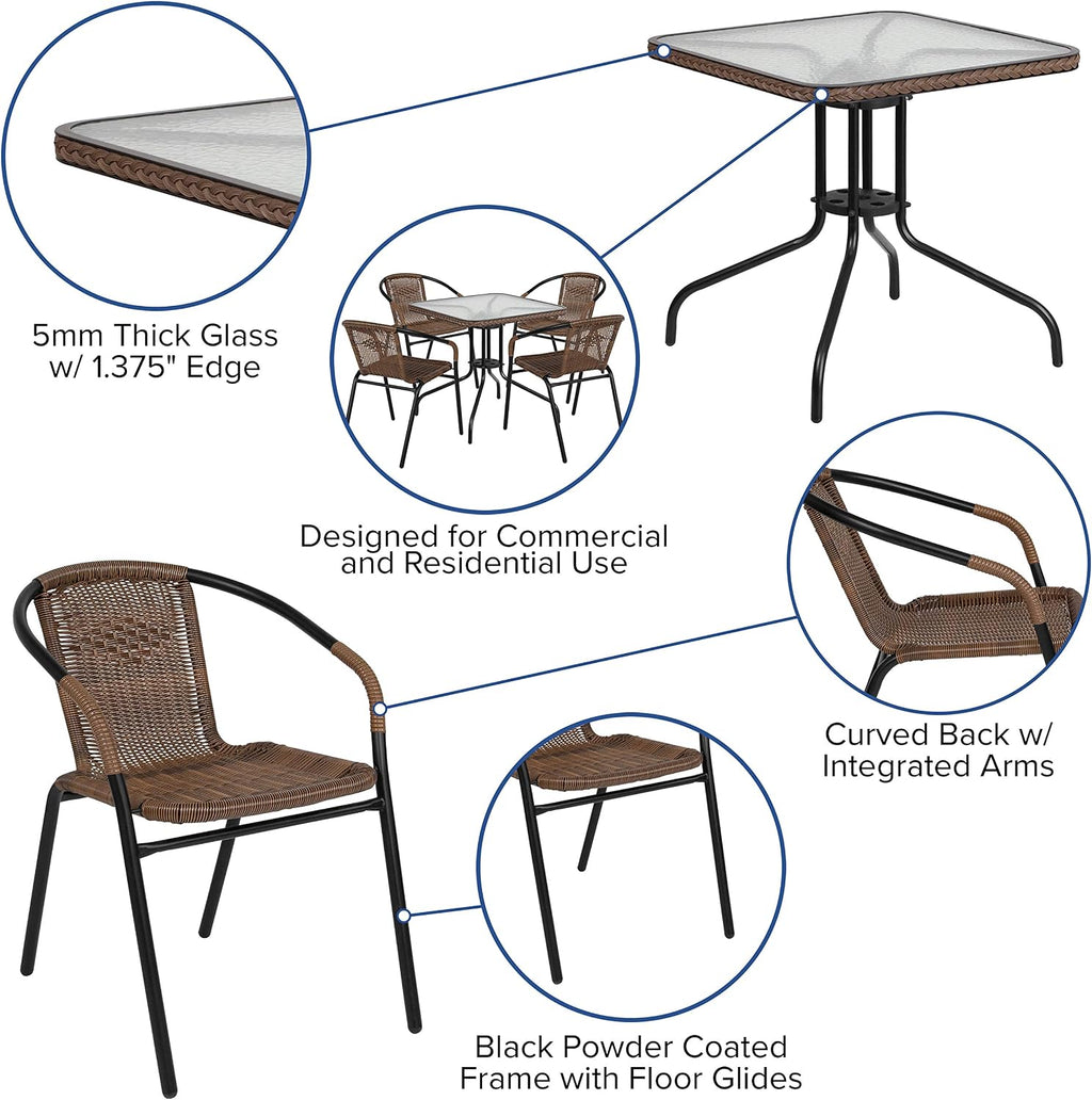 Flash Furniture Lila 28'' Square Glass Metal Table with Dark Brown Rattan Edging and 4 Dark Brown Rattan Stack Chairs