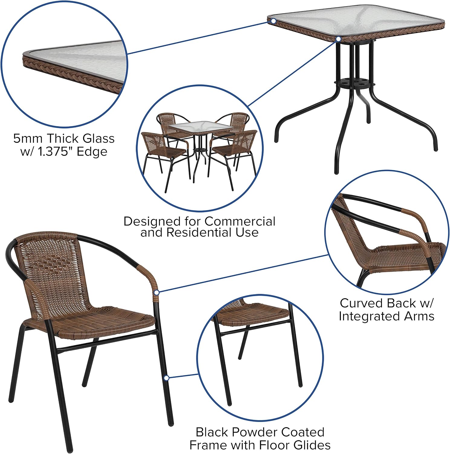 Flash Furniture Lila 28'' Square Glass Metal Table with Dark Brown Rattan Edging and 4 Dark Brown Rattan Stack Chairs