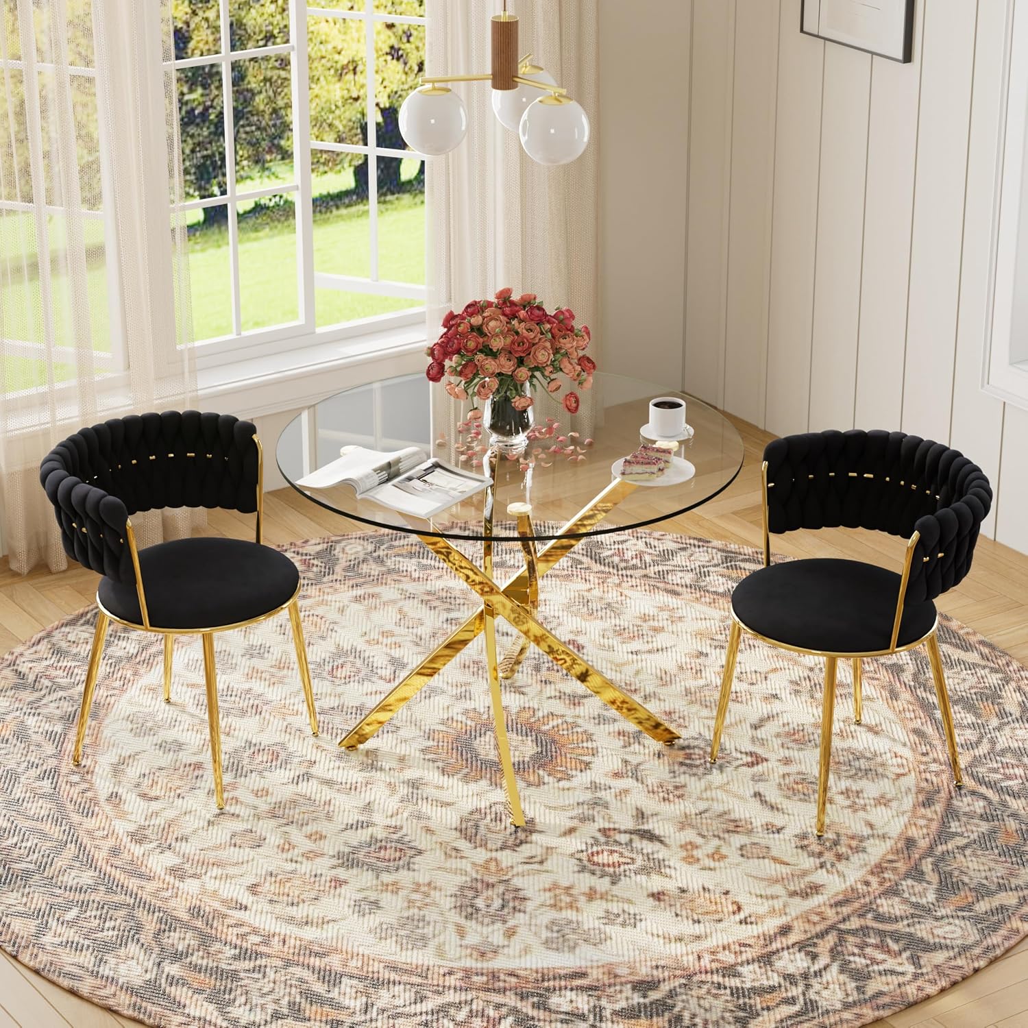 Round Glass Dining Table Set for 2, 36'' Small Circle Glass Kitchen Table with 2 Luxury Black Gold Velvet Dining Chairs, 3-Piece Dining Room Table Set for Small Place(Gold Base)