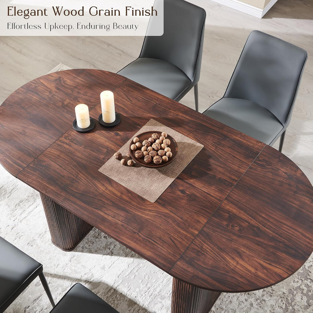 T4TREAM 63' Fluted Oval Dining Table for 4-6, Mid-Century Modern Kitchen Table with Thickened Edge & Strip Pedestal Base, Wood Luxury Table for Dining Room/Kitchen/Home Office, Walnut (Table Only)