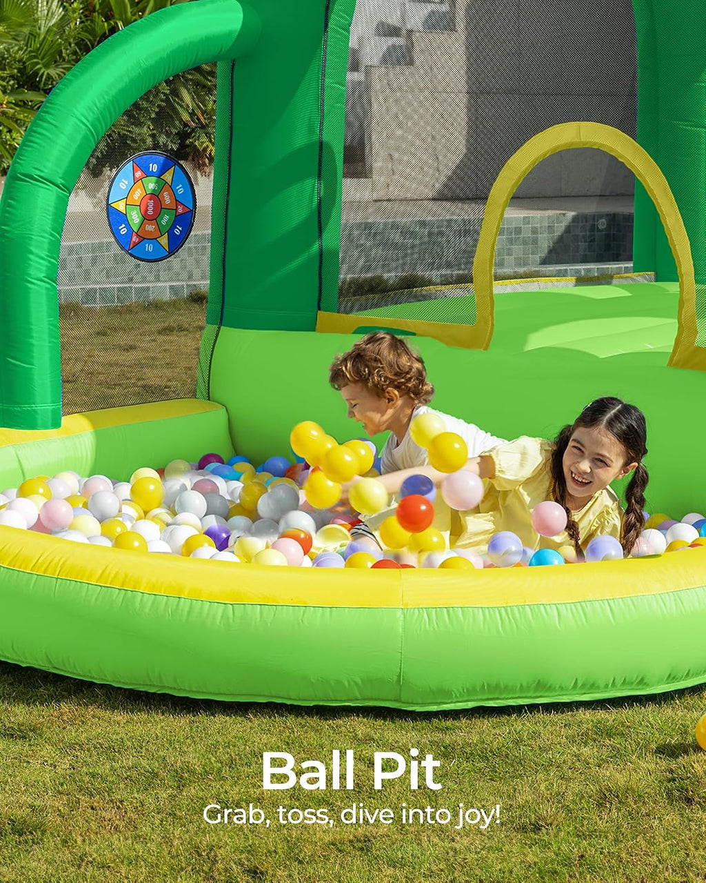 Outfunny Bounce House with Slide, Inflatable Bouncy House for Kids 3-12 w/Ball Pit, Outdoor & Indoor, Bounce Area 8'x8', Capacity 400 lb - Green