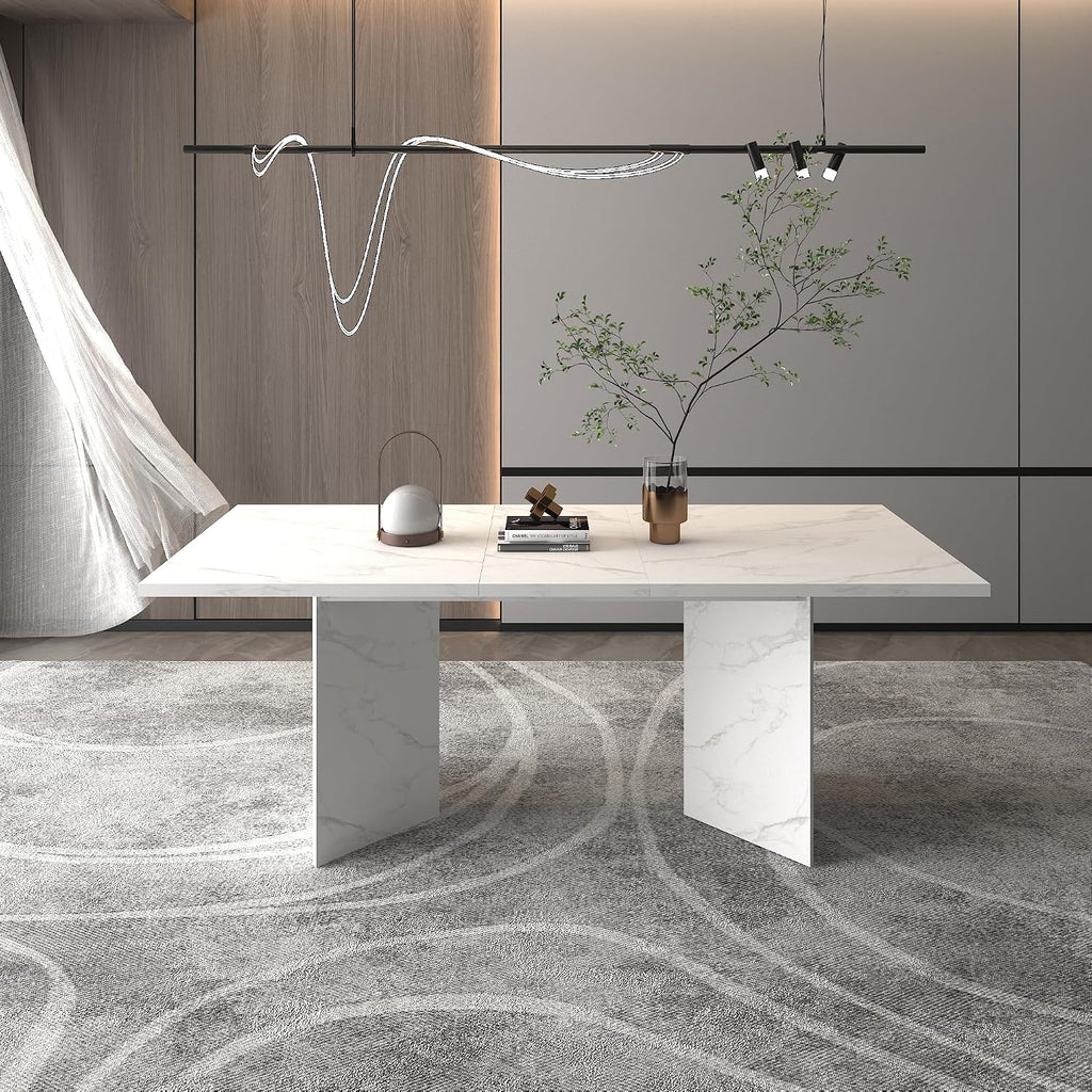 78.74'' Extendable Rectangular Dining Table with for 4-8, Modern Wood Expandable Kitchen Dinner Conference Table for Living Room Office, White Faux Marble