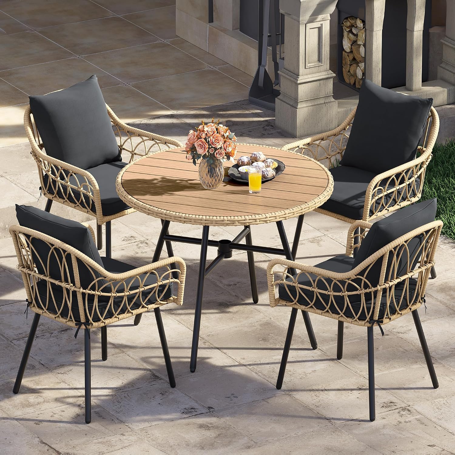 YITAHOME 36.6'' Outdoor Patio Dining Table Round for 4 with Adjustable Levelers, Outdoor Tables with 2.2' Umbrella Hole, All-Weather Bistro Table with Metal Frame, Patio Table for Garden Deck