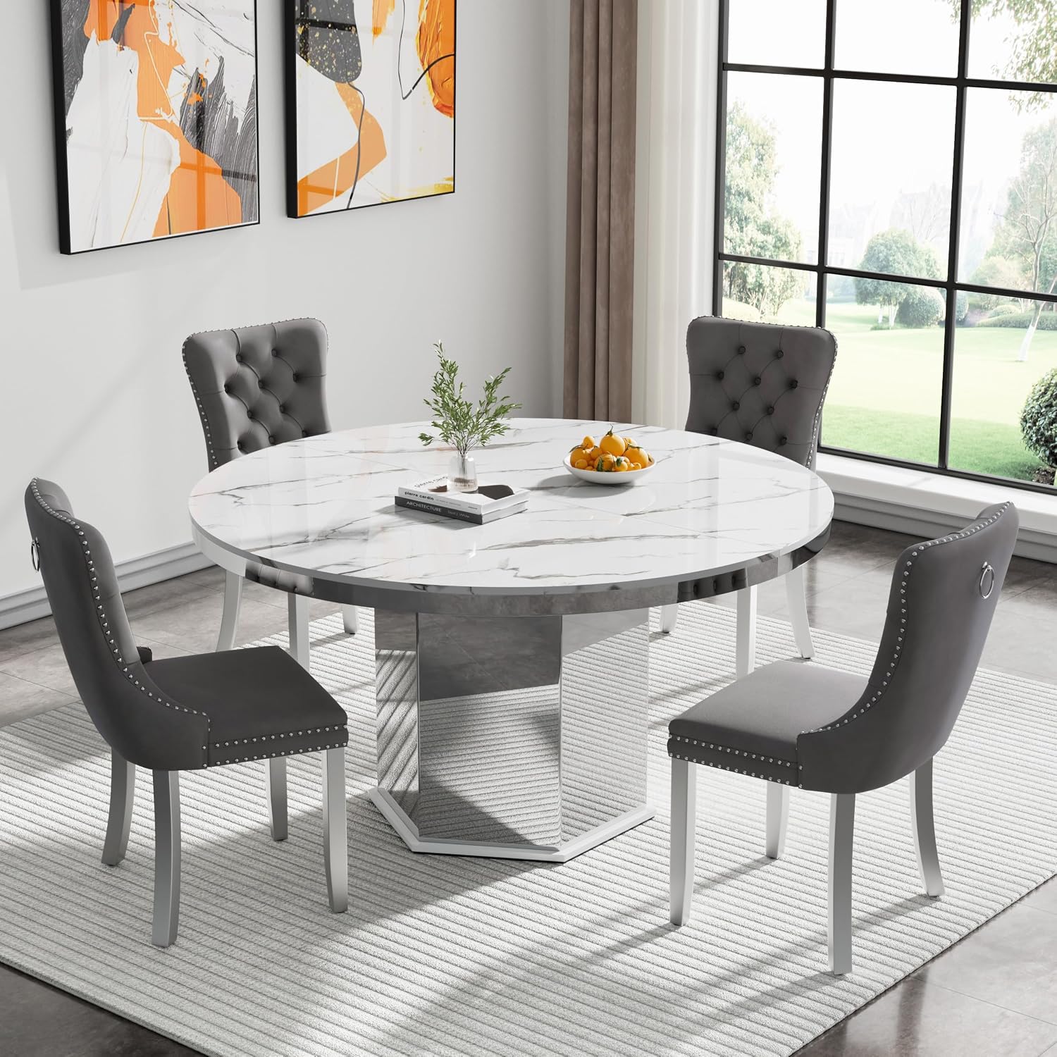 5 Pieces 47'-63' White Faux Marble Extendable Dining Table Set, Round Expanding Kitchen and Dining Room Table Set for 4 with Mirrored Acrylic Base & Grey Velvet Upholstered Chairs