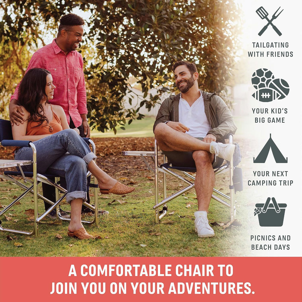 PICNIC TIME Sports Chair with Side Table and Armrest Caddy, Lightweight Aluminum Folding Outdoor Camping Chair for Adults, Portable Director Style Lawn Seating with Pockets & Carry Strap, (Red)
